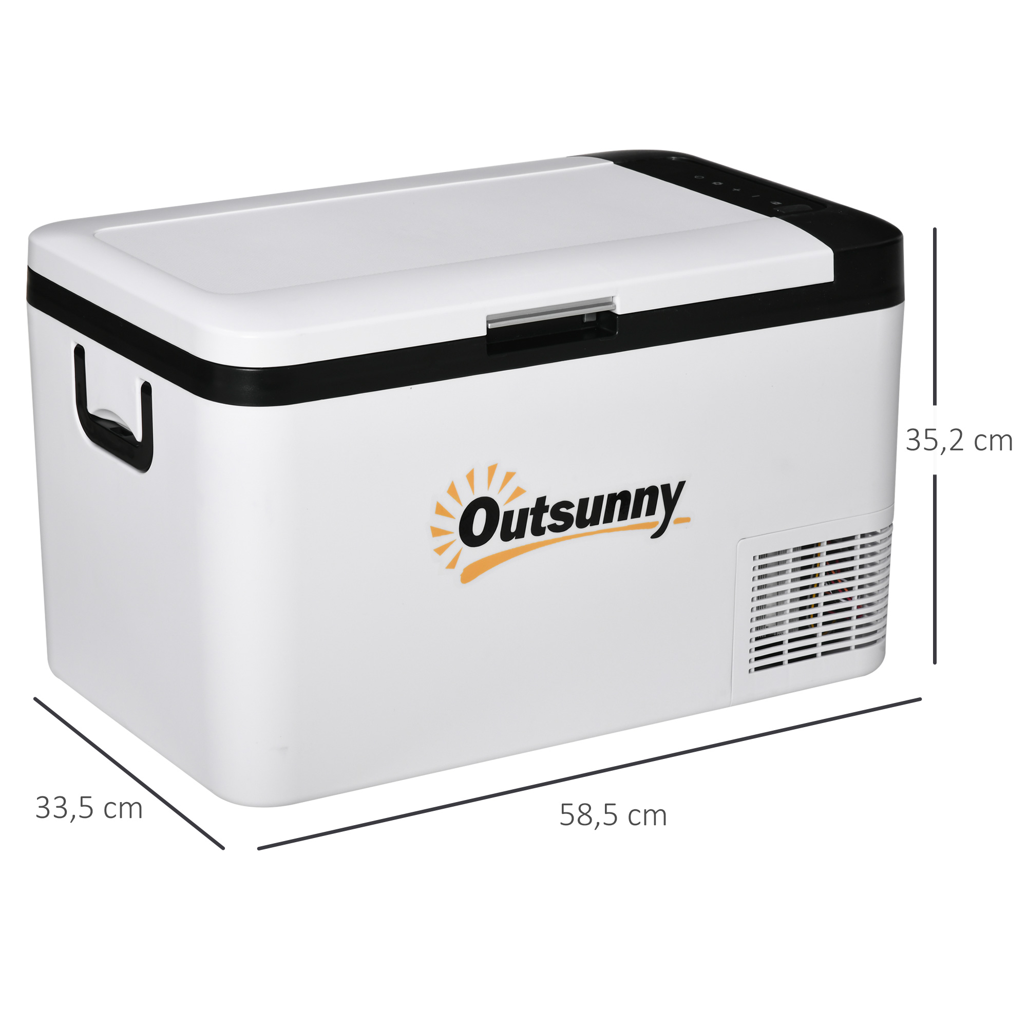 Outsunny Elektrische tragbare Kühlbox 25L 12/24V bis -20℃ Kompressor-Kühlschrank und -Gefrierschrank für Auto mit LED-Licht und klappbaren Griffen Niedriger Energieverbrauch für Zuhause Camping 58,5x33,5x35,2 cm Weiß