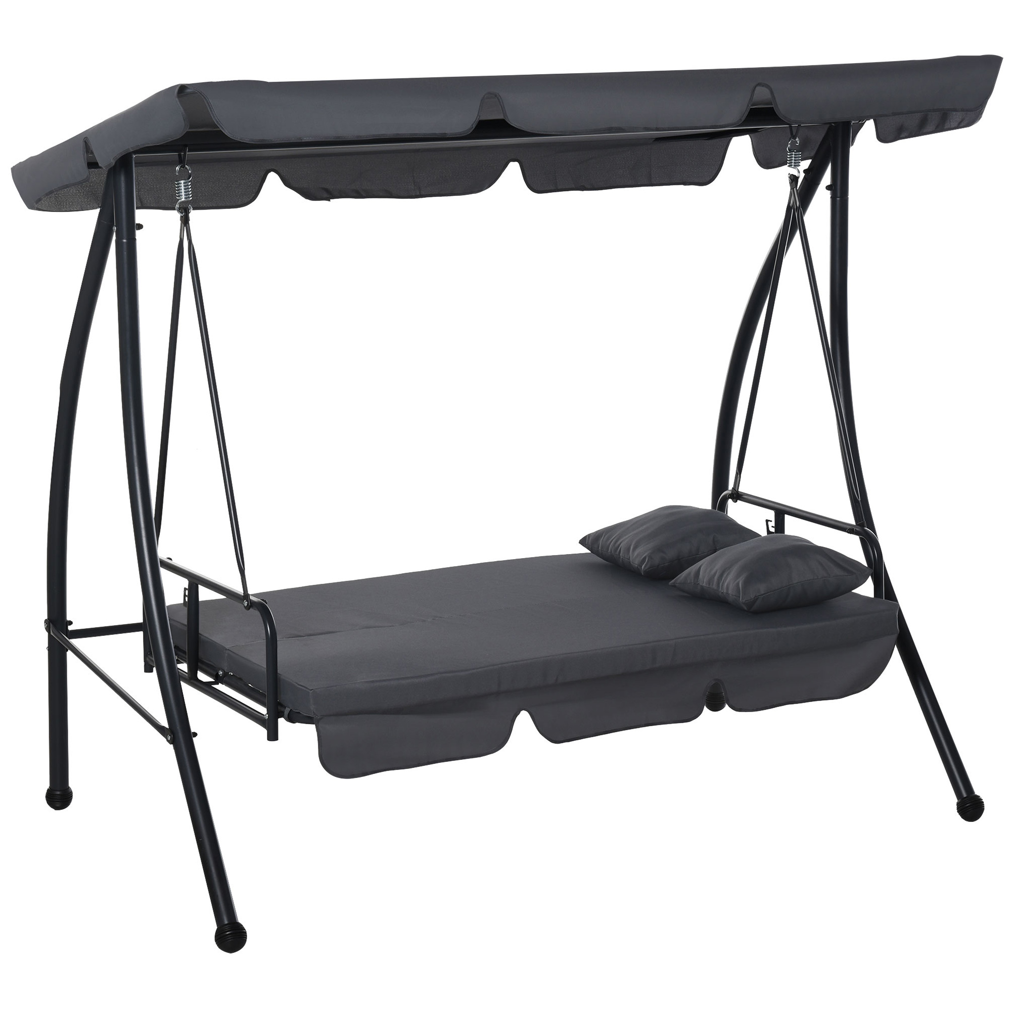 Outsunny Gartenliege, 3-Sitzer, komfortabel,  verstellbares Dach, Matratze, 2L x 1,25B x 1,7H m, Metall, Polyester, Schwarz, Anthrazit