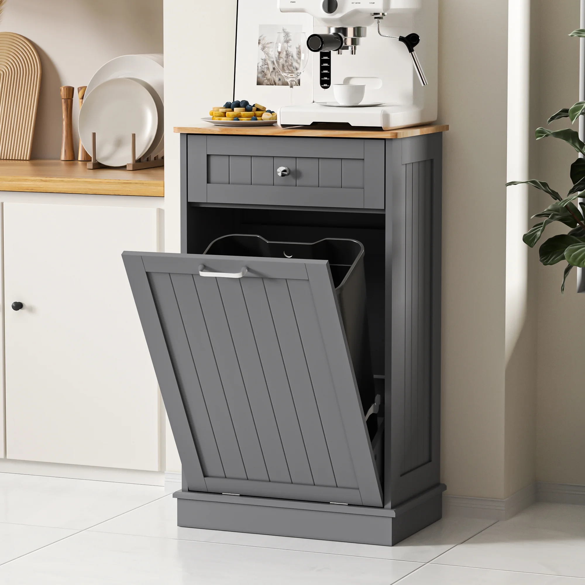 HARIPUL Single Tilt Out Trash Cabinet for 13 Gallon Waste Bin, Free Standing Kitchen Trash Can Cabinet with Drawers, White