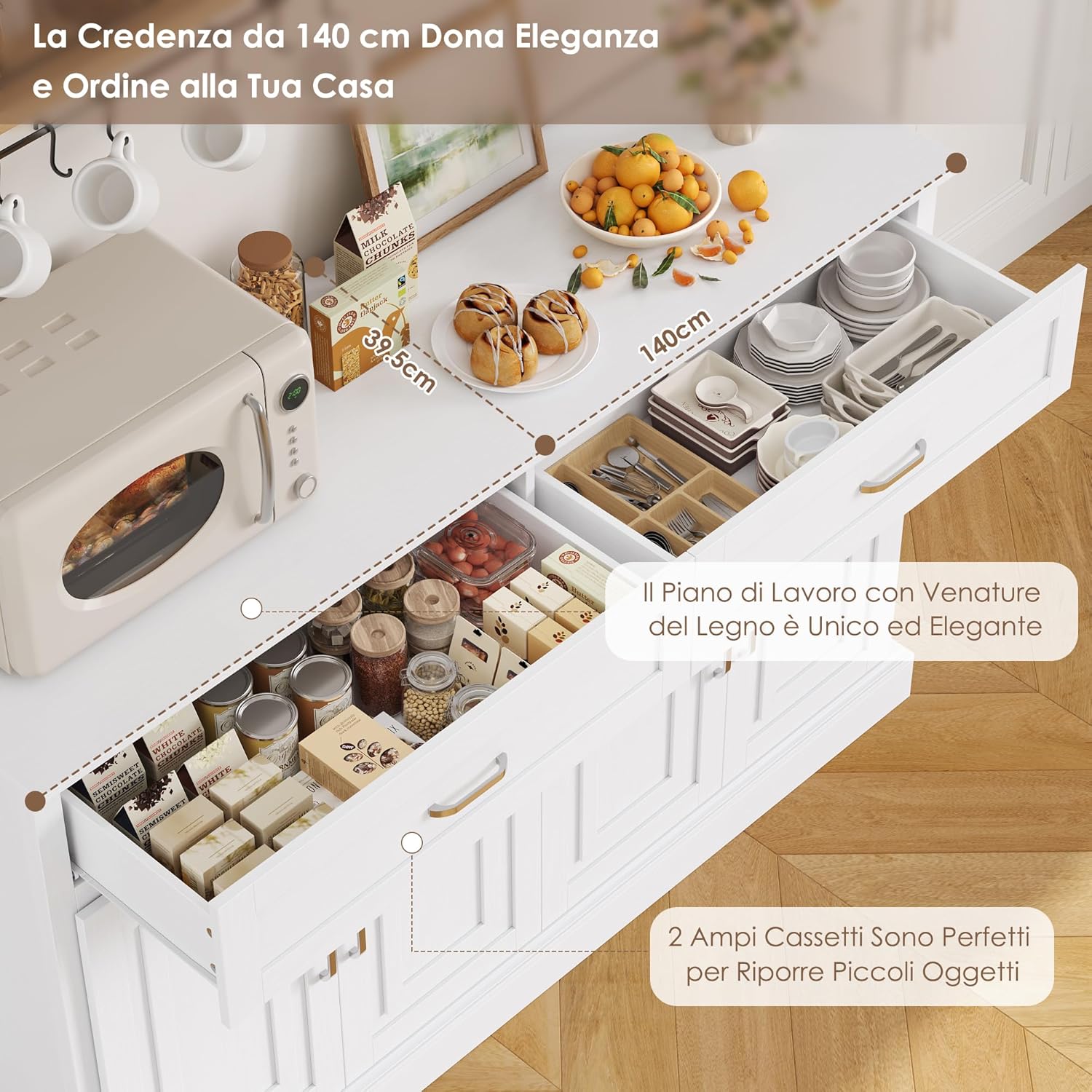 FirFurd 140CM Credenza Cucina,Mobile Cucina con 2 Cassetti e 4 Ante, Madia Soggiorno Moderna con Ripiani Regolabili e Rimovibile, per Cucina, Sala da Pranzo, Soggiorno, 140x39.5x92.2cm Bianco