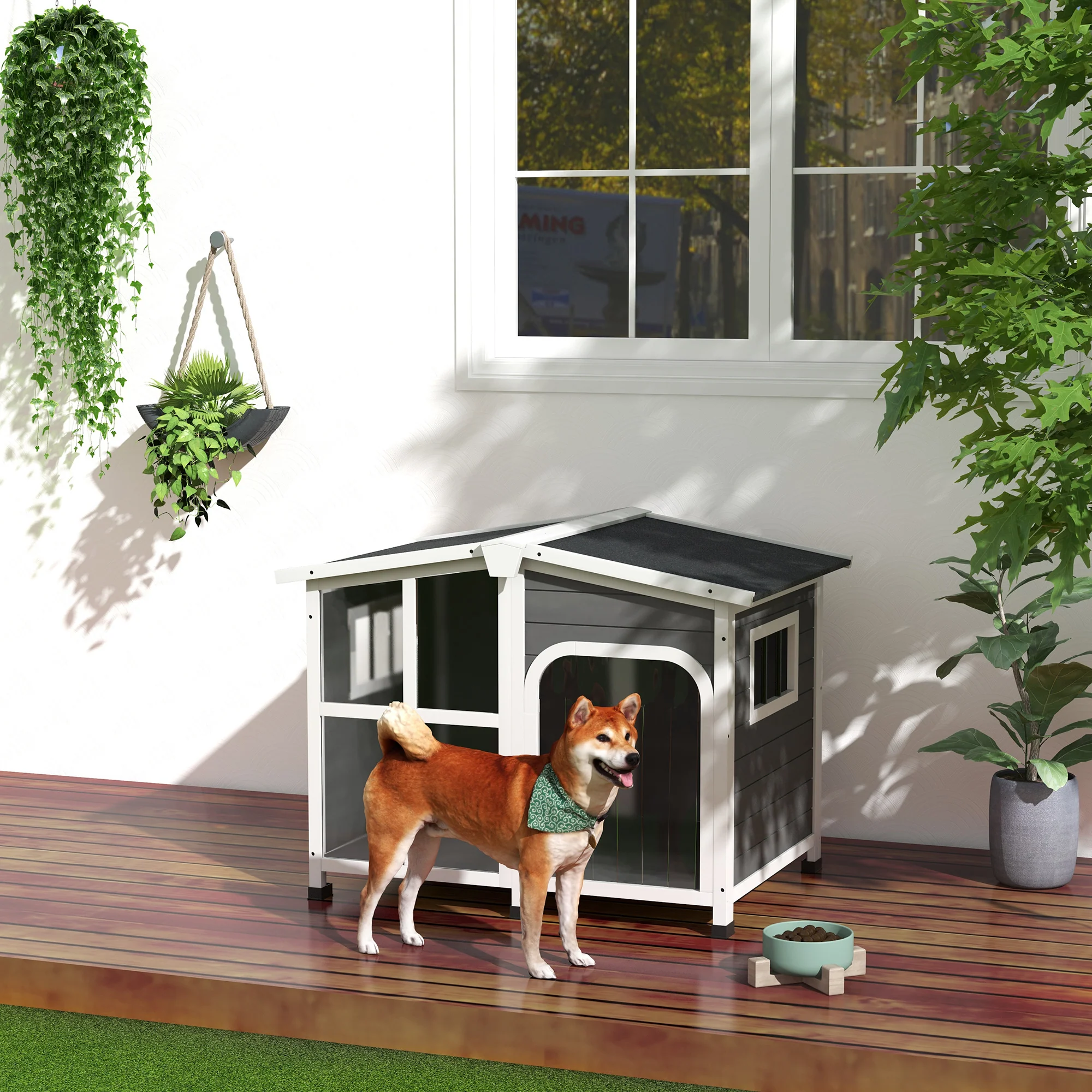 Easycomfort Cuccia per Cani taglia Media da Esterno in Legno con Tetto Apribile, 101x66.5x70.5 cm, Grigio