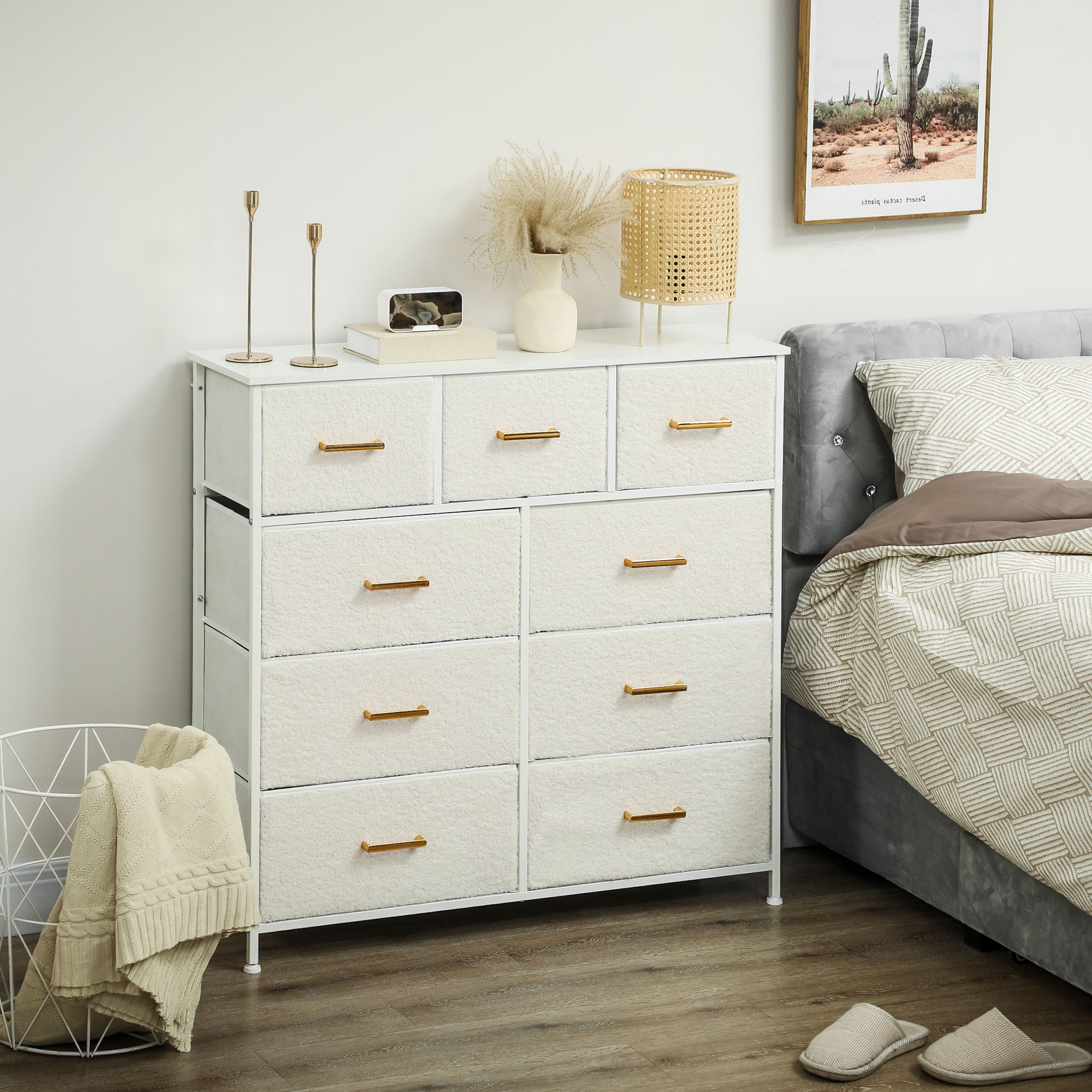 HOMCOM Stoffkommode, 9 Schubladen, Stahlrahmen, elegant, vielseitig, Weiß