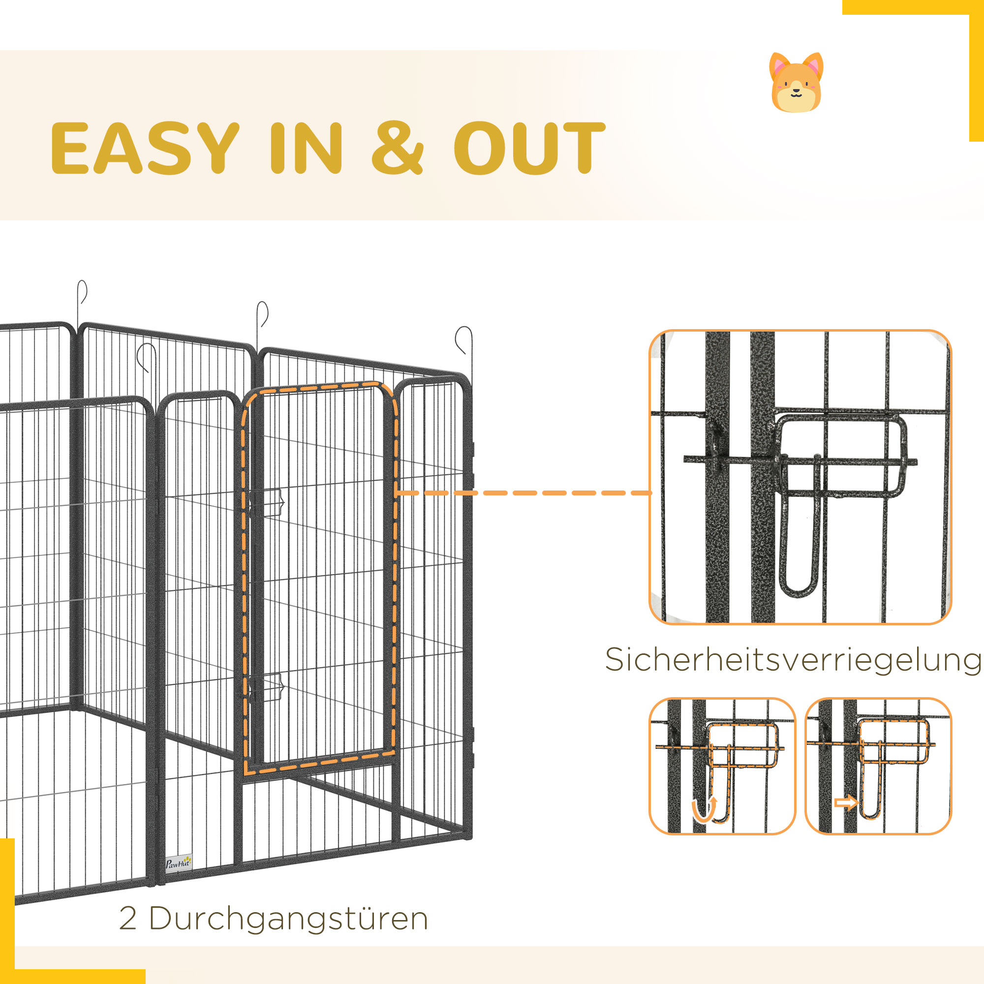 PawHut Puppy Run modulair ontwerp 16 panelen 2 deuren weerbestendig staal 3,2 x 3,2 x 1 m grijs