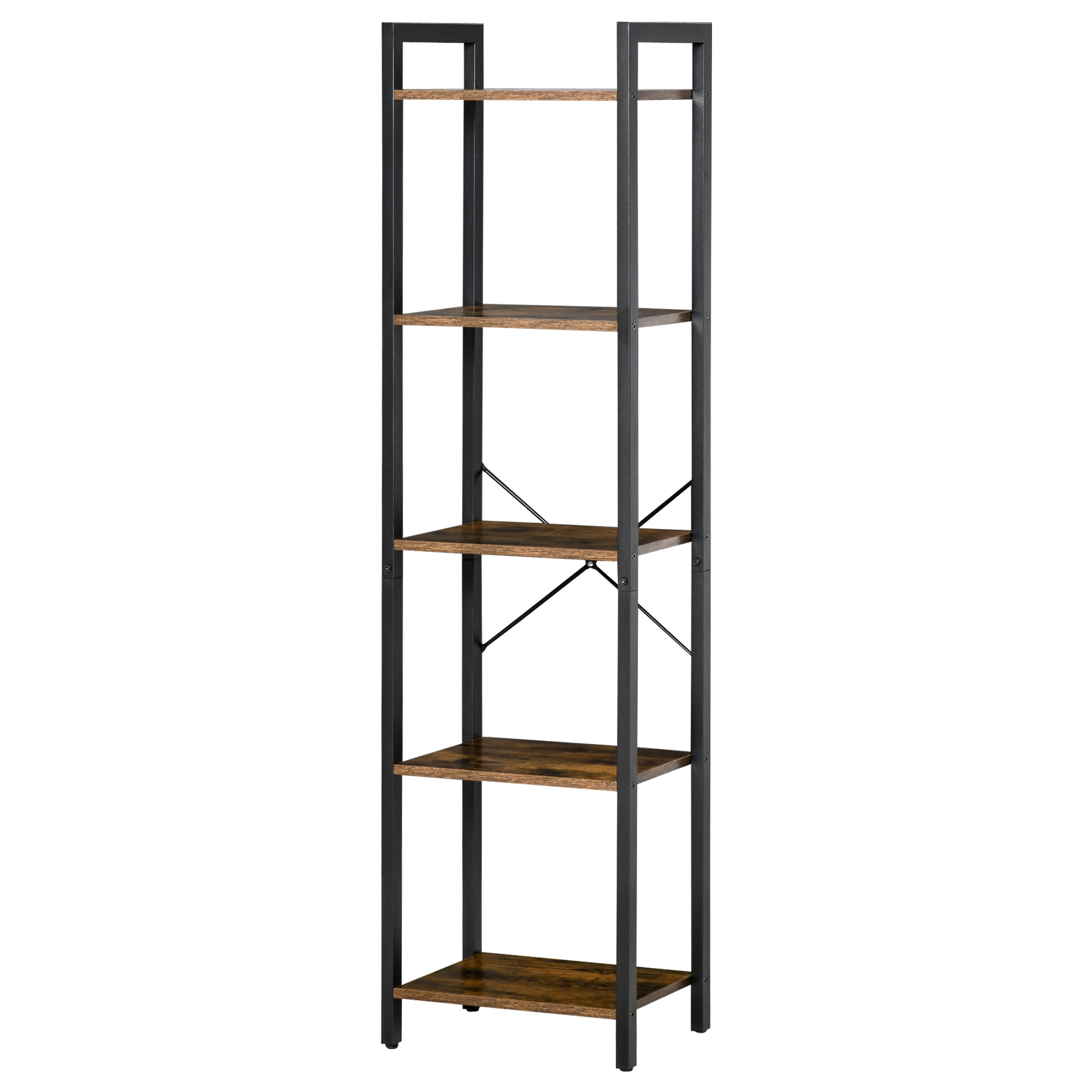 HOMCOM Bücherregal im Industrie-Stil H154 cm 5 Regale Schwarzer Stahl Spanplatten Gealterte Holzoptik