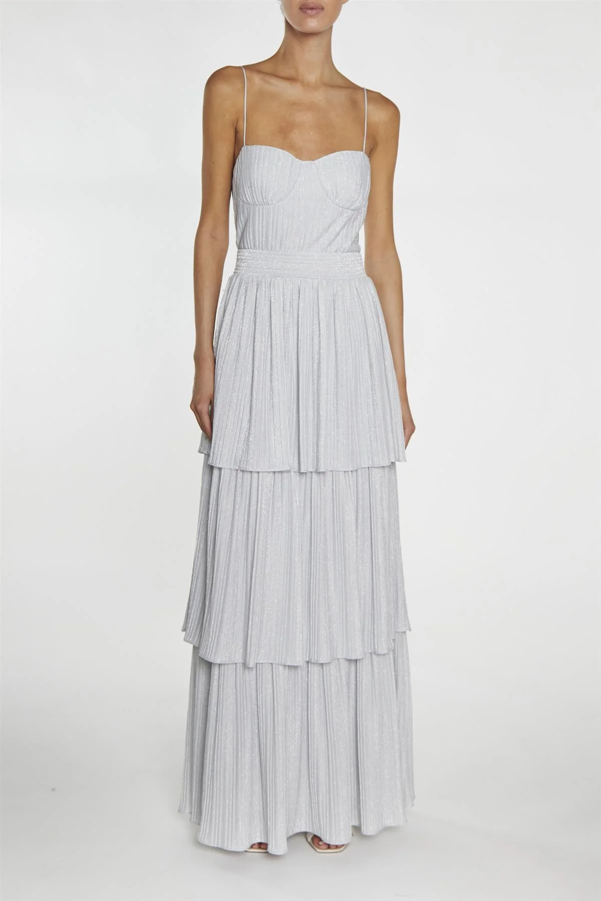 Jayda Silver Pleated Metallic Tiered Maxi Dress