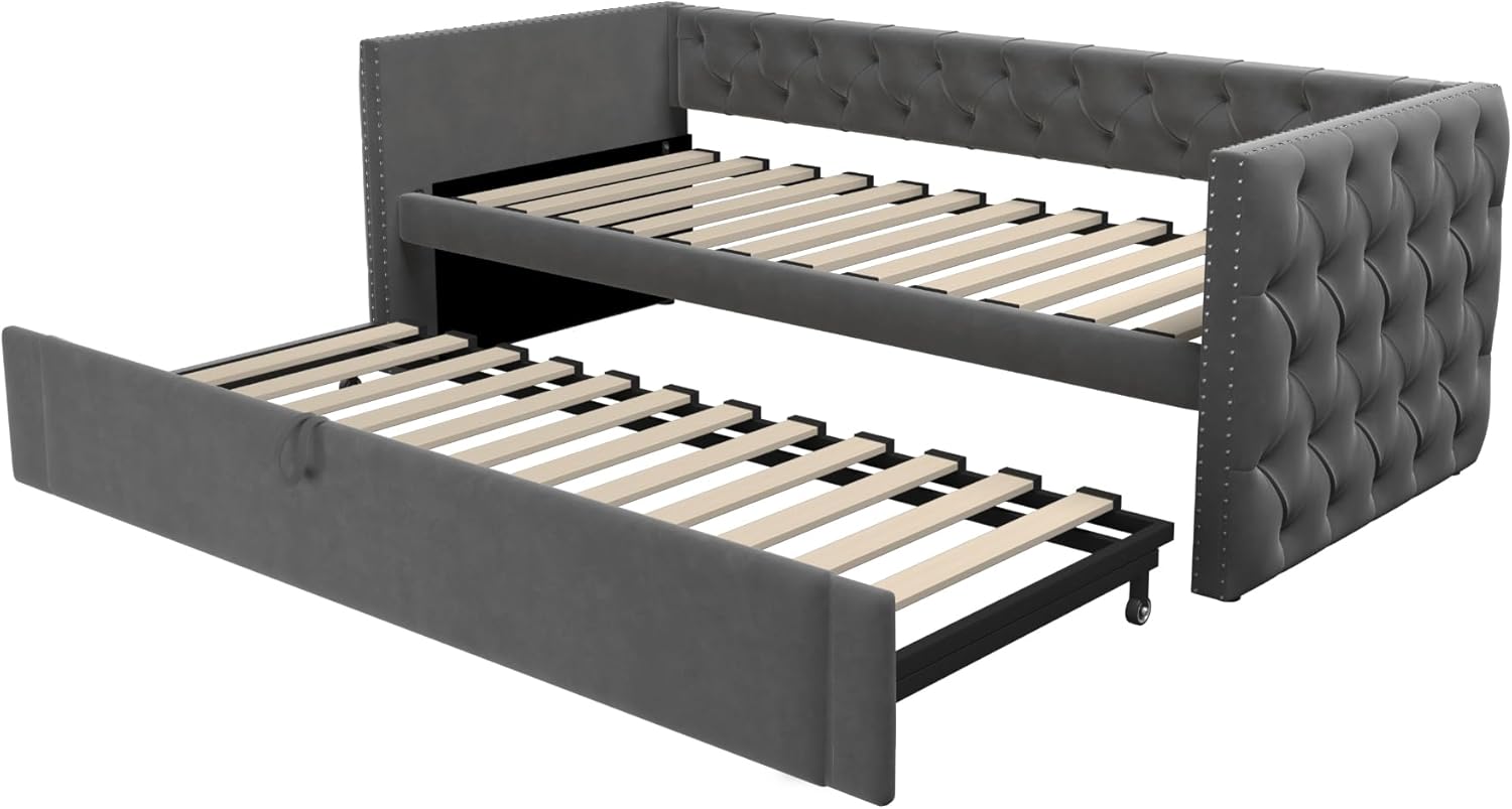 Polsterbett Ausziehbares Schlafsofa 90/180 * 200 cm mit Lattenrosten, Multifunktionsbett aus hautfreundlichem Samtstoff Dunkelgrau，Klassische Vollform mit Knöpfen