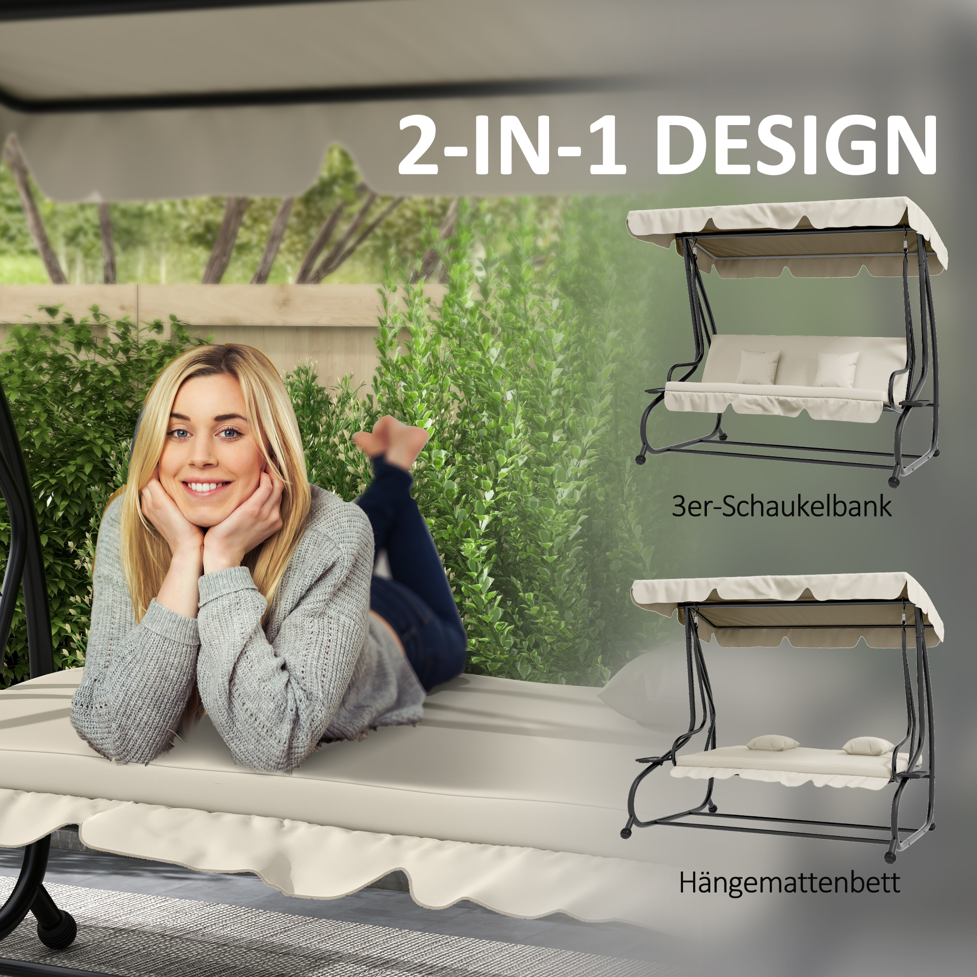 Outsunny 2-in-1 Tuinschommel met Ligfunctie, Verstelbaar Dak, tot 340 kg, Staal, 200x120x164 cm, Cr��mewit