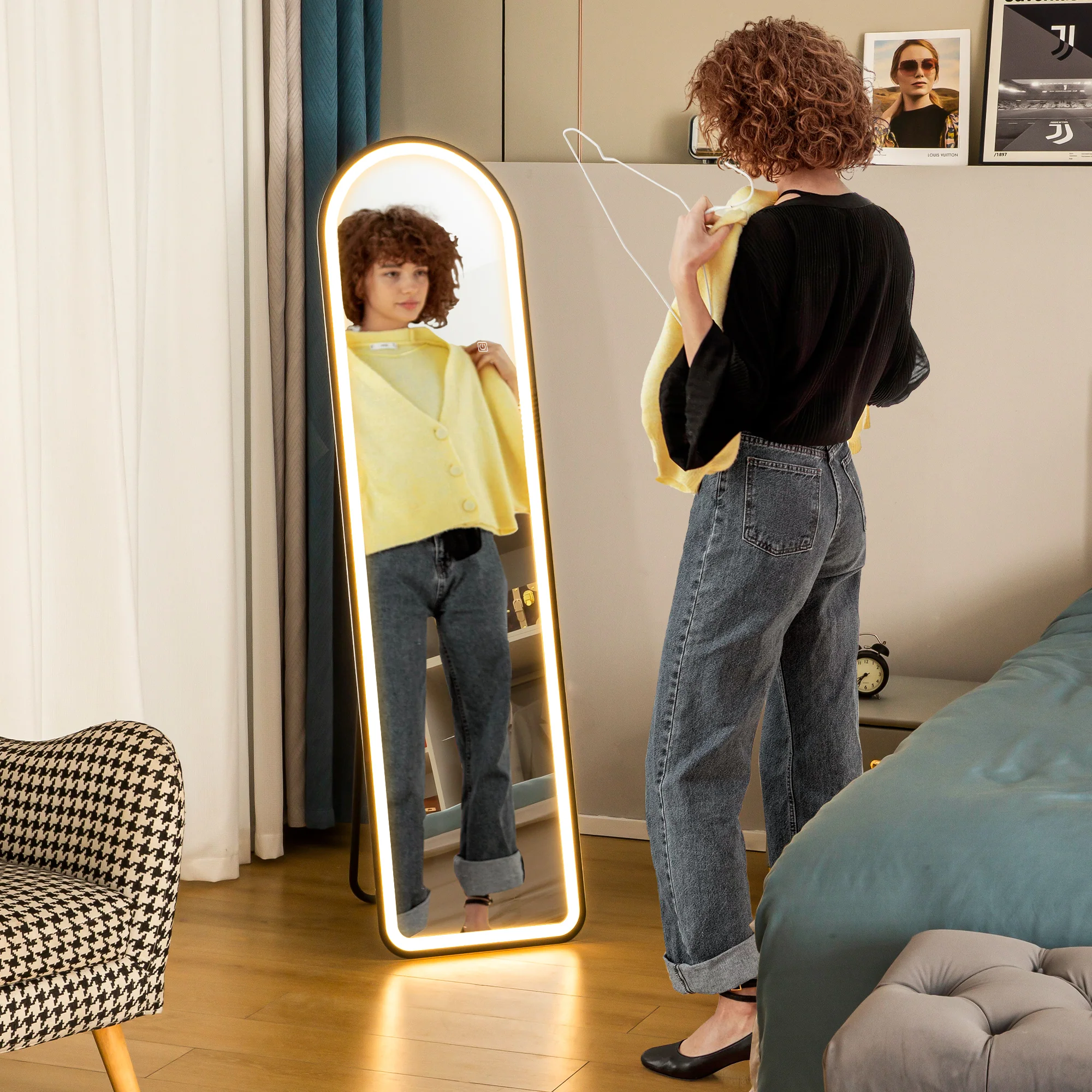 HOMCOM Standspiegel LED Touch Ganzkörperspiegel 3-in-1 Bogenform
