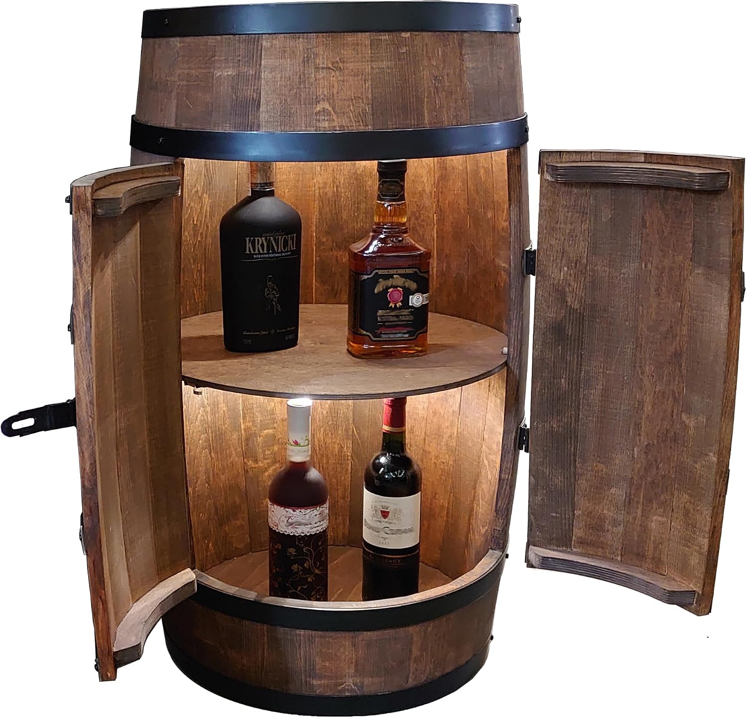 CREATIVE COOPER Weinregal Holz mit Tür mit LED, minibar 80 cm High (wenge), Fass bar mit Tür, Alkoholschrank Flaschenregal Holz, Holzfass, Fassmöbel
