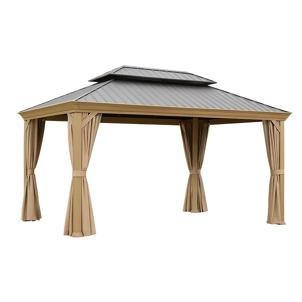 Gazebo da giardino in metallo con tetto a due livelli e tende in poliestere beige