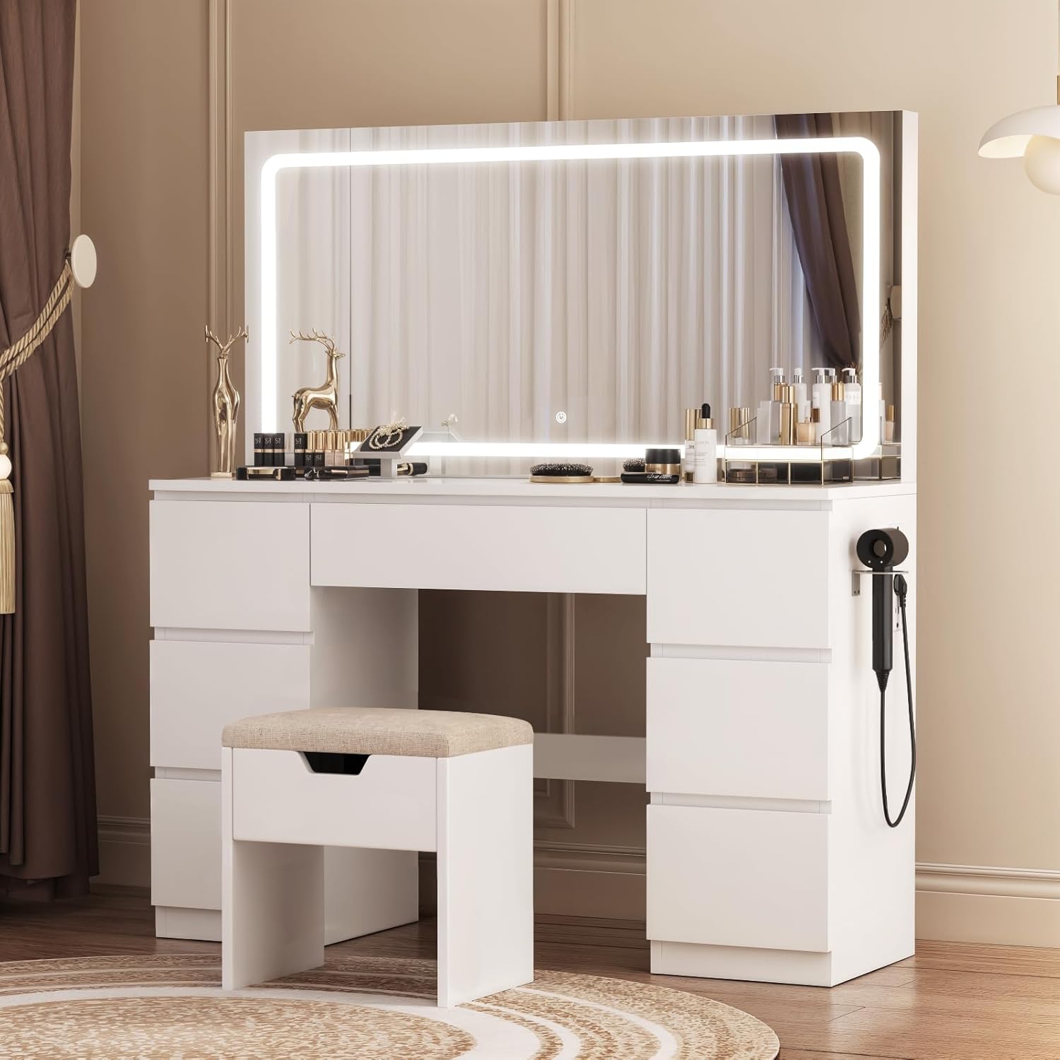 Schminktisch Groß mit Spiegel und LED Beleuchtung 115cm,Farbtemperatur Einstellbar, 7 Schubladen Schminktisch mit Steckdose Dressing Table mit Hocker,115x40x139cm,Weiß