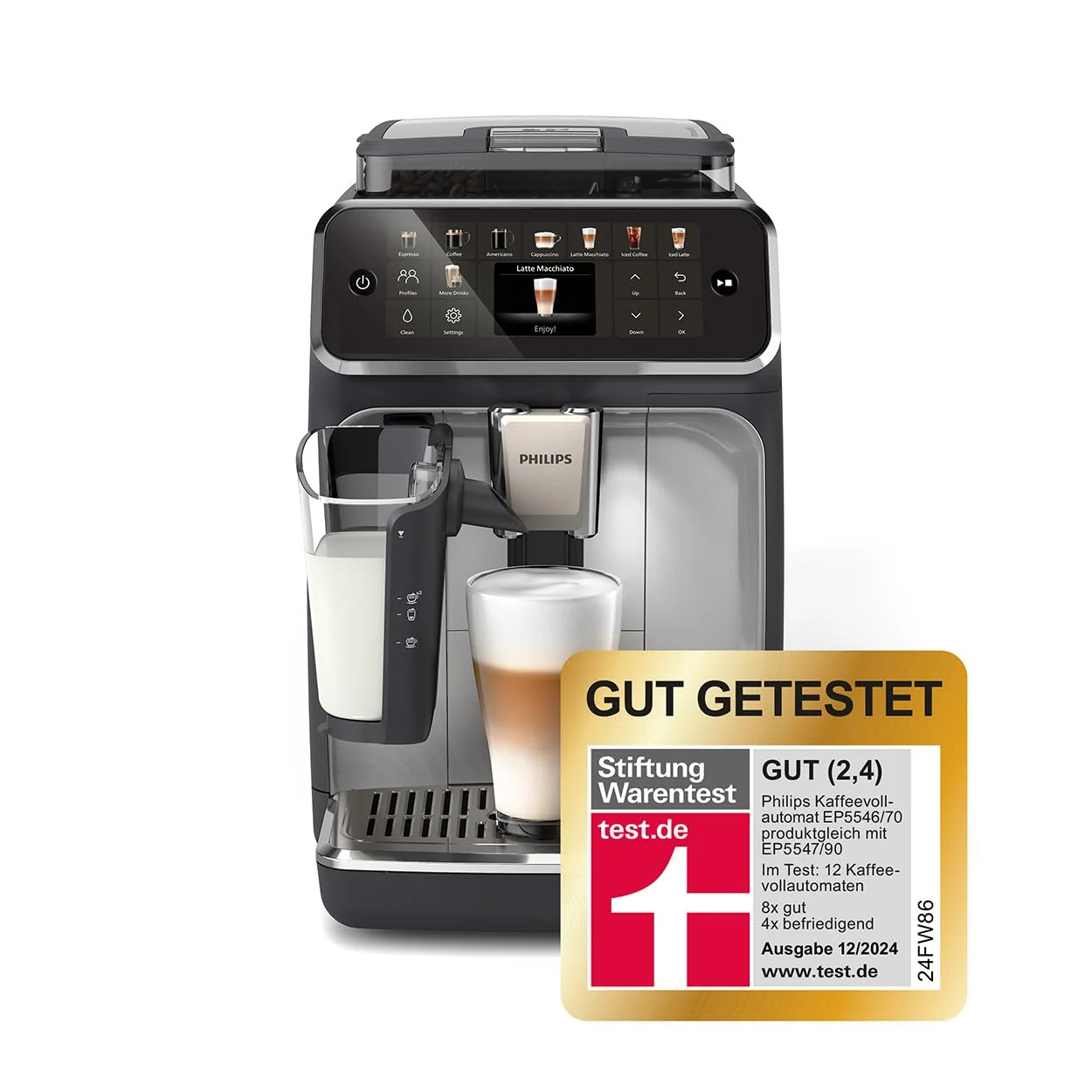 Philips Serie 5500 Kaffeevollautomat – LatteGo Milchsystem, 20 heiße und kalte Kaffeespezialitäten, 40% leiser mit SilentBrew, QuickStart, Schwarz und Silber (EP5546/70)