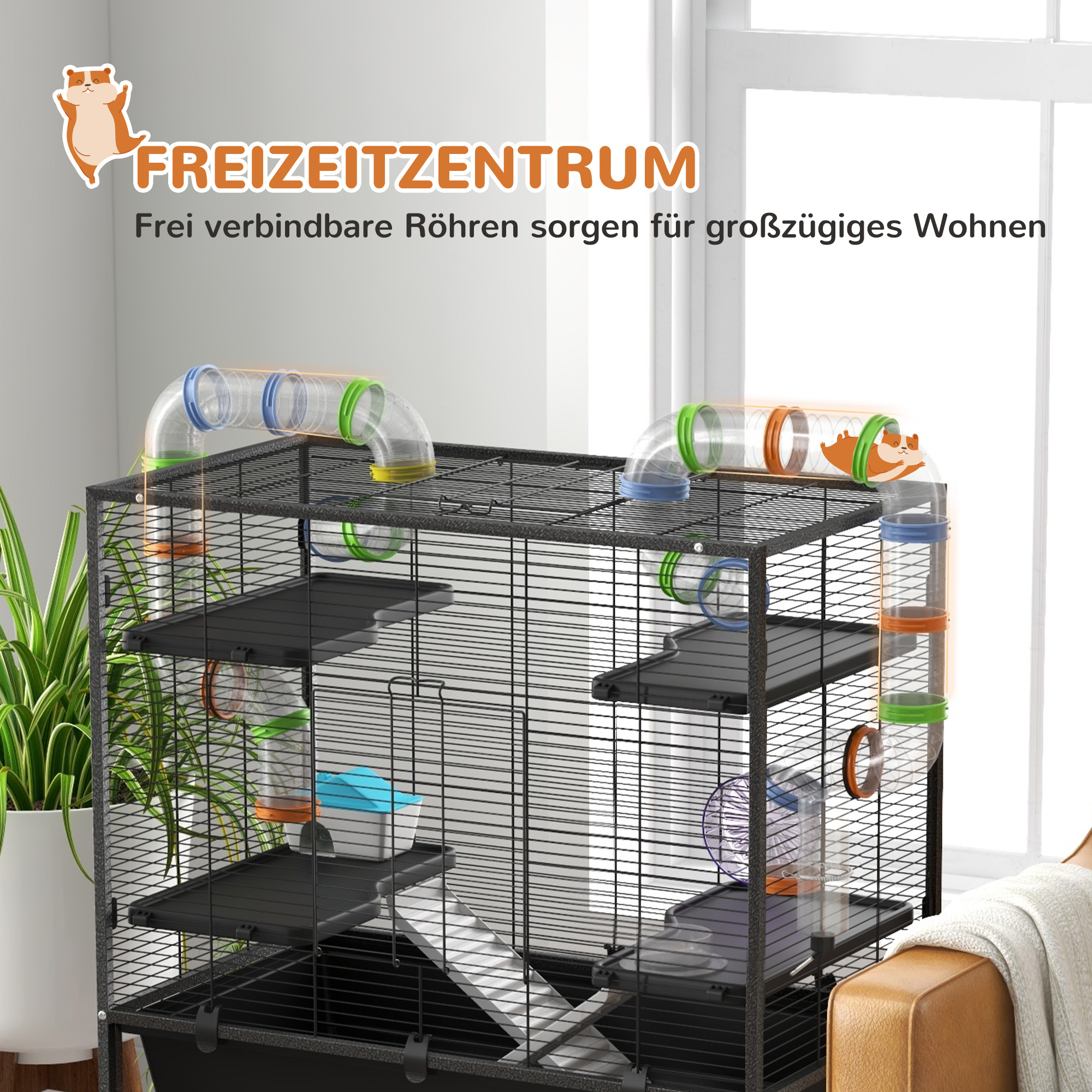 Hamsterkooi met Buizen, Looprad, Huisje, Waterdispenser, 109 x 82 x 46 cm, Zwart