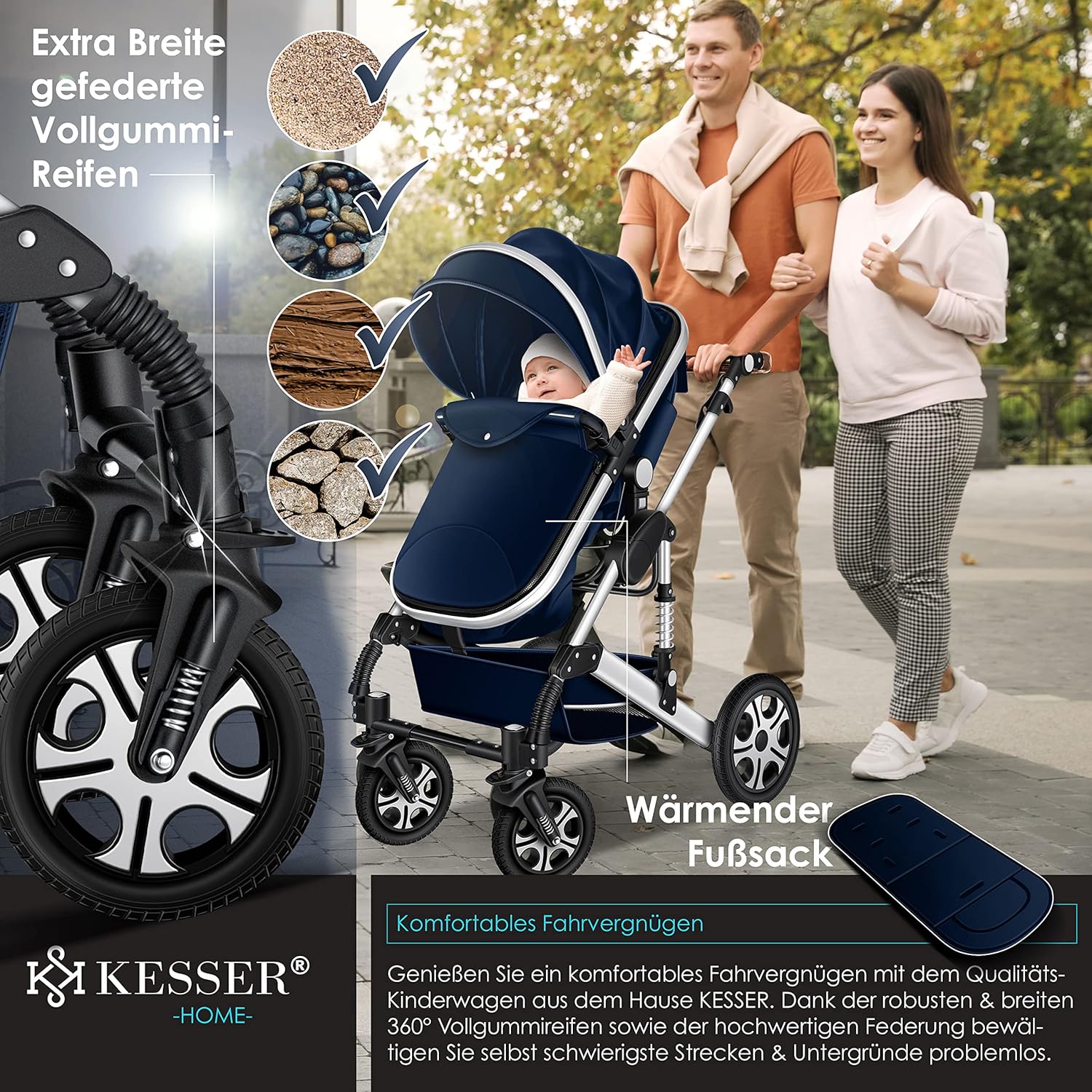 KESSER® Loops 3 in 1 Kinderwagen Kombikinderwagen Komplett-Set inkl. Babywanne & Buggy Sportsitz & Auto-Babyschale Voll-Gummireifen Wickeltasche Regenschutz Kindertisch ECE R129, Schwarz/Schwarz