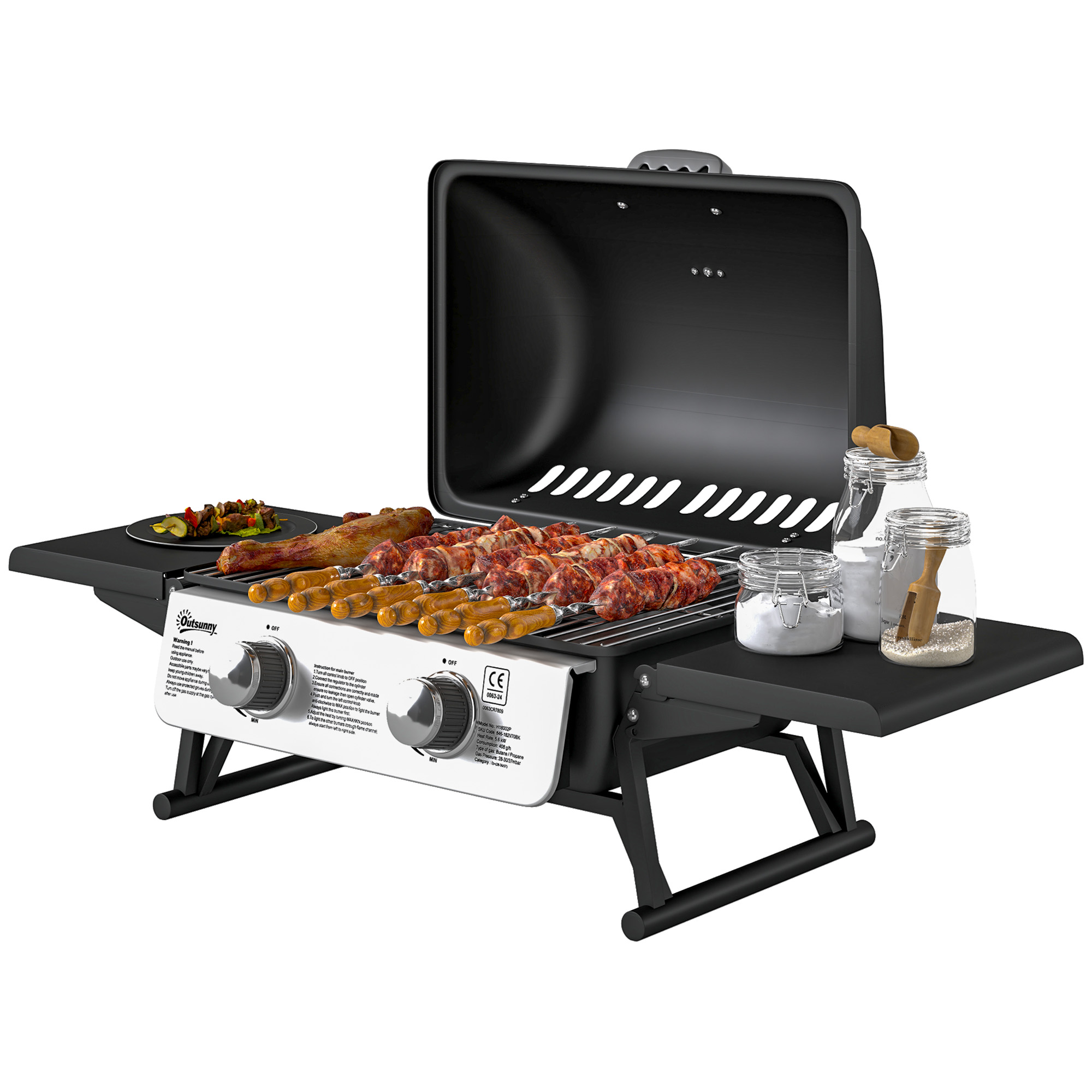 Outsunny Gasgrill 5,6 KW Gas-Grill inkl 2 Edelstahl-Brenner Seitenablagen Druckminderer 101 x 48 x 41 cm Schwarz