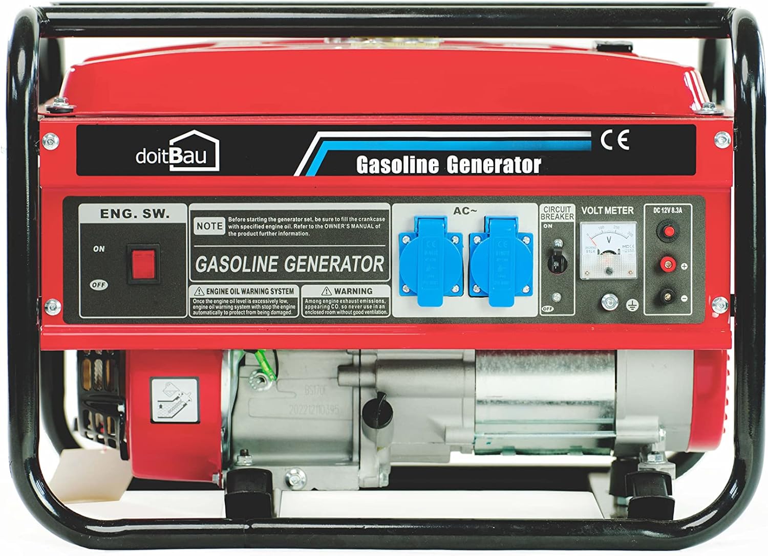 Stromgenerator mit Benzin Stromerzeuger 3000W BS3500 Notstromaggregat mit AVR  und  Überlastschutz 4-Takt 6,5-7 PS Seilzugstarter 2x 230V / 1x 12V Steckdosen (Rot, BS3500)