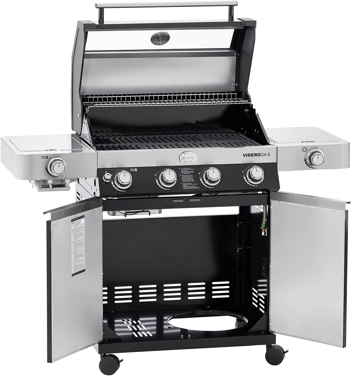 RÖSLE barbecue a gas, stazione BBQ VIDERO G4-S, in nero, 30 mbar, barbecue con 4 bruciatori in acciaio inox, extra: primezone e bruciatore laterale, tavolini laterali richiudibili, VARIO+