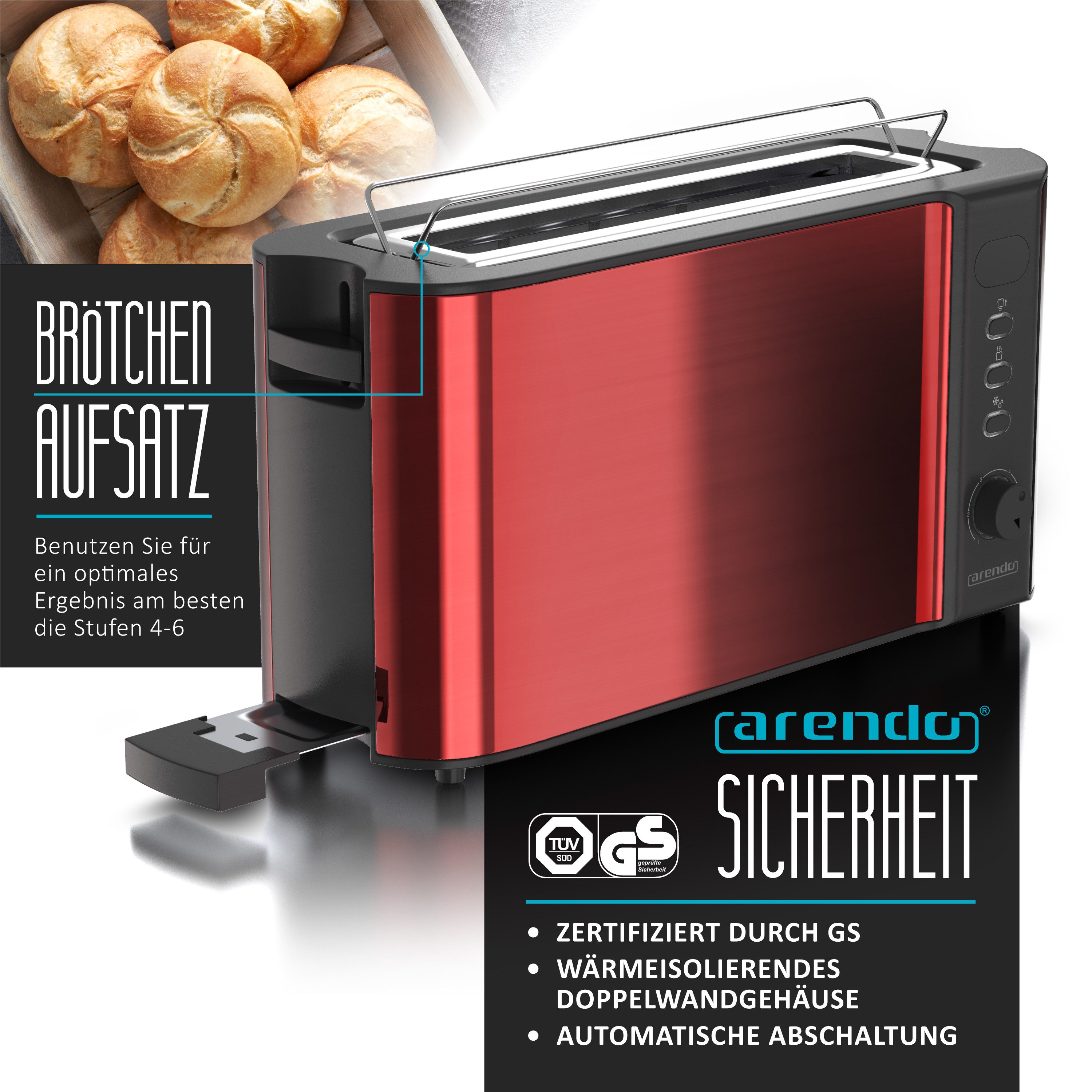 Toaster Langschlitz, Edelstahl, Display mit Restzeitanzeige, Brötchenaufsatz