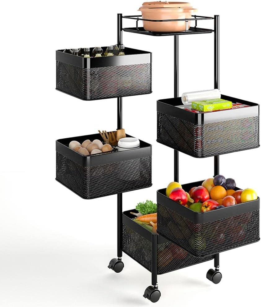 BAKAJI Carrello Trolley Cucina in Metallo con 5 Ripiani a Cesto Apribili e 4 Ruote girevoli a 360 Gradi Trolley Salvaspazio Arredamento Casa Cucina Dimensione 85 x 30 cm Design Moderno (Rotondo)