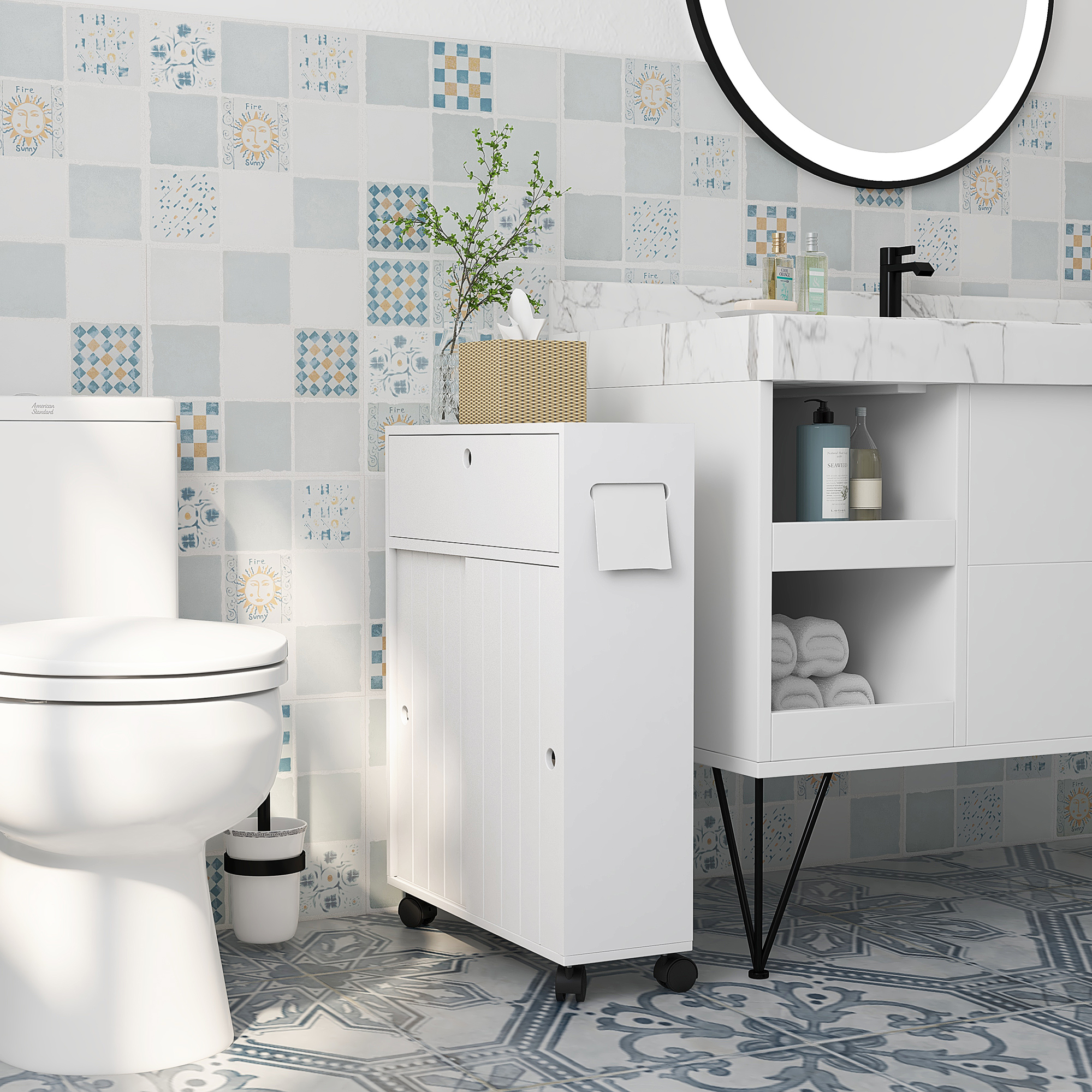 kleankin Toilettenbadezimmer Aufbewahrungsschrank mit Toilettenpapier Aufbewahrung auf Rollen - 52 x 17 x 67 cm weiß
