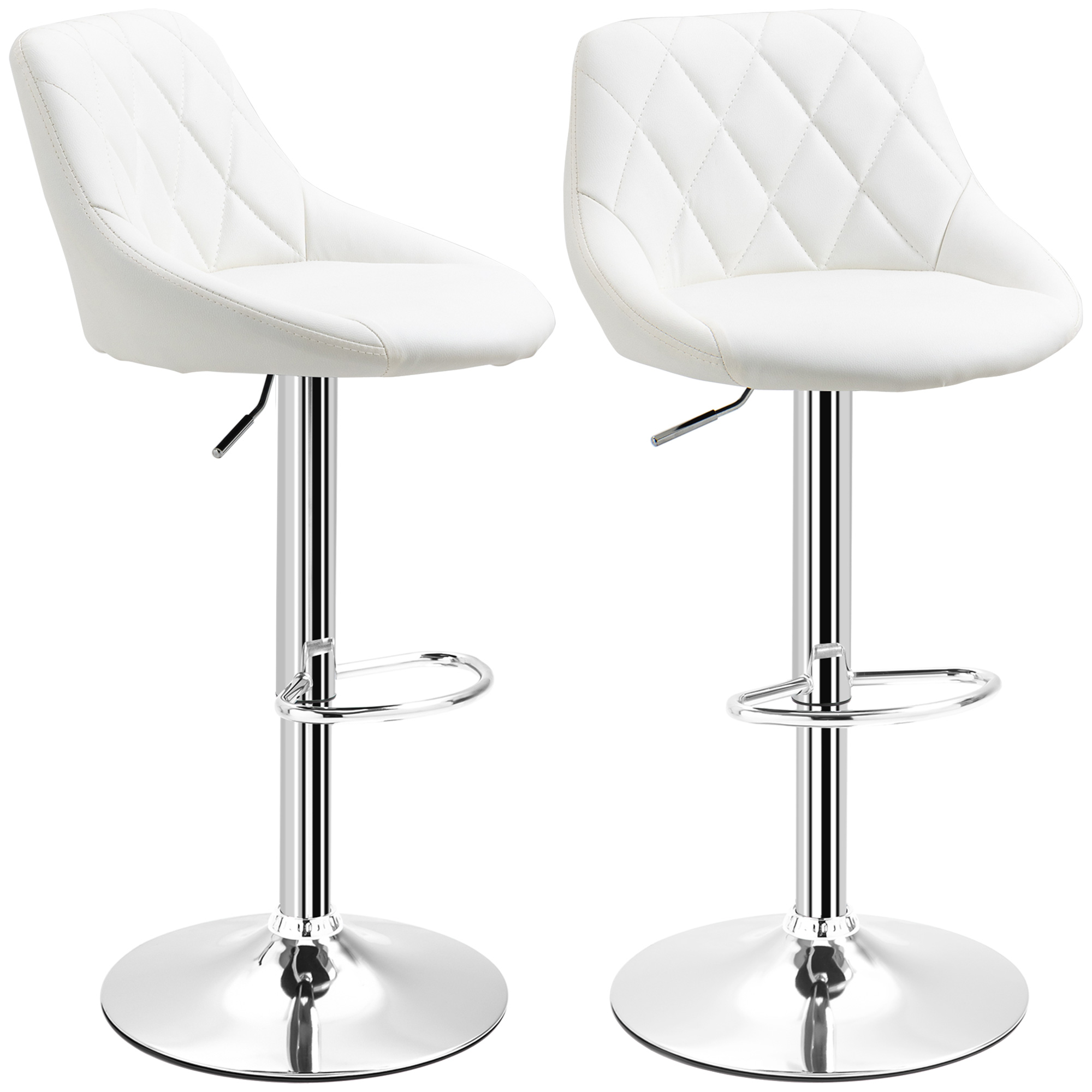 HOMCOM Set 2 Barhocker, Höhenverstellbar mit Metallfuß und PU-Ledersitz, Moderne Hocker mit Rückenlehne und Fußstütze, 46x48x83-104 cm, Weiß
