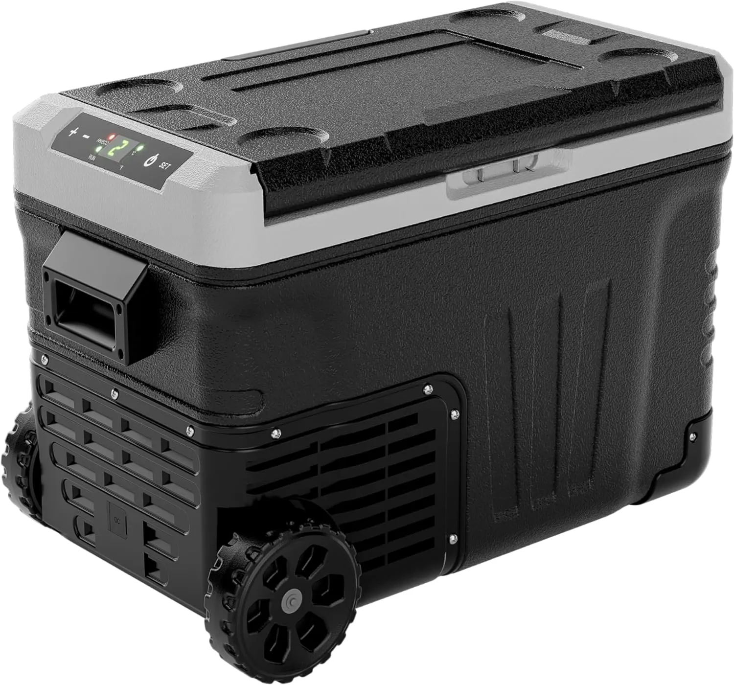 12 Volt koelkast, 53QT (50L) elektrische koelbox, draagbare vriezer 12V/24V DC 110-240V AC, 12V koelkast -4H~68H, 12V koelbox met wielen en 2 manden voor reizen, vrachtwagen, boot, kamperen