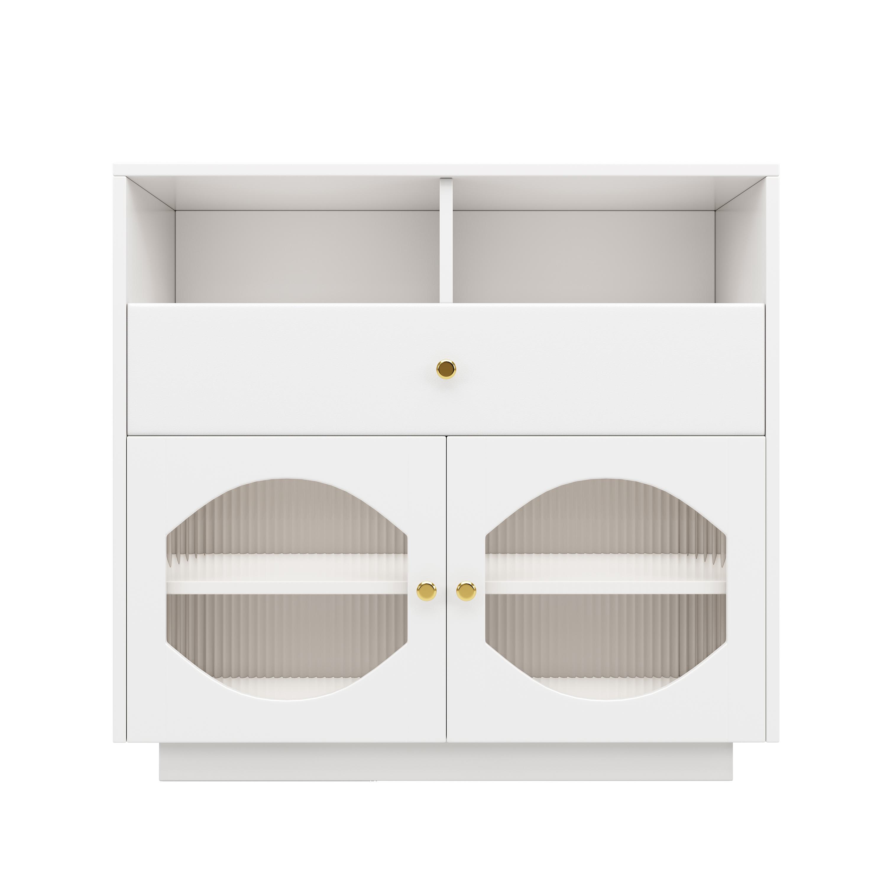 Küchenschrank Sideboard mit Glastüren, Modernes Design, Geräumiger Stauraum, 100×40×90,5 cm, Weiß