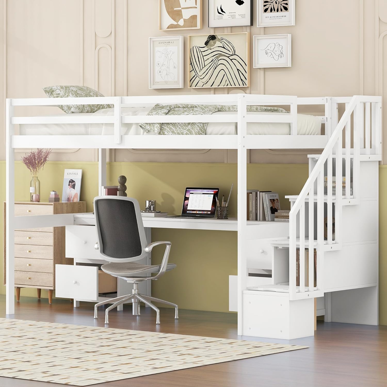 Harper & Bright Designs Low Loft Bed Twin Size with Desk, Twin Loft Bed with Drawers & Stairs & Guardrails for Kids Bedroom Guest Room, Under-Bed Space, No Box Spring Required, Space Saving, White