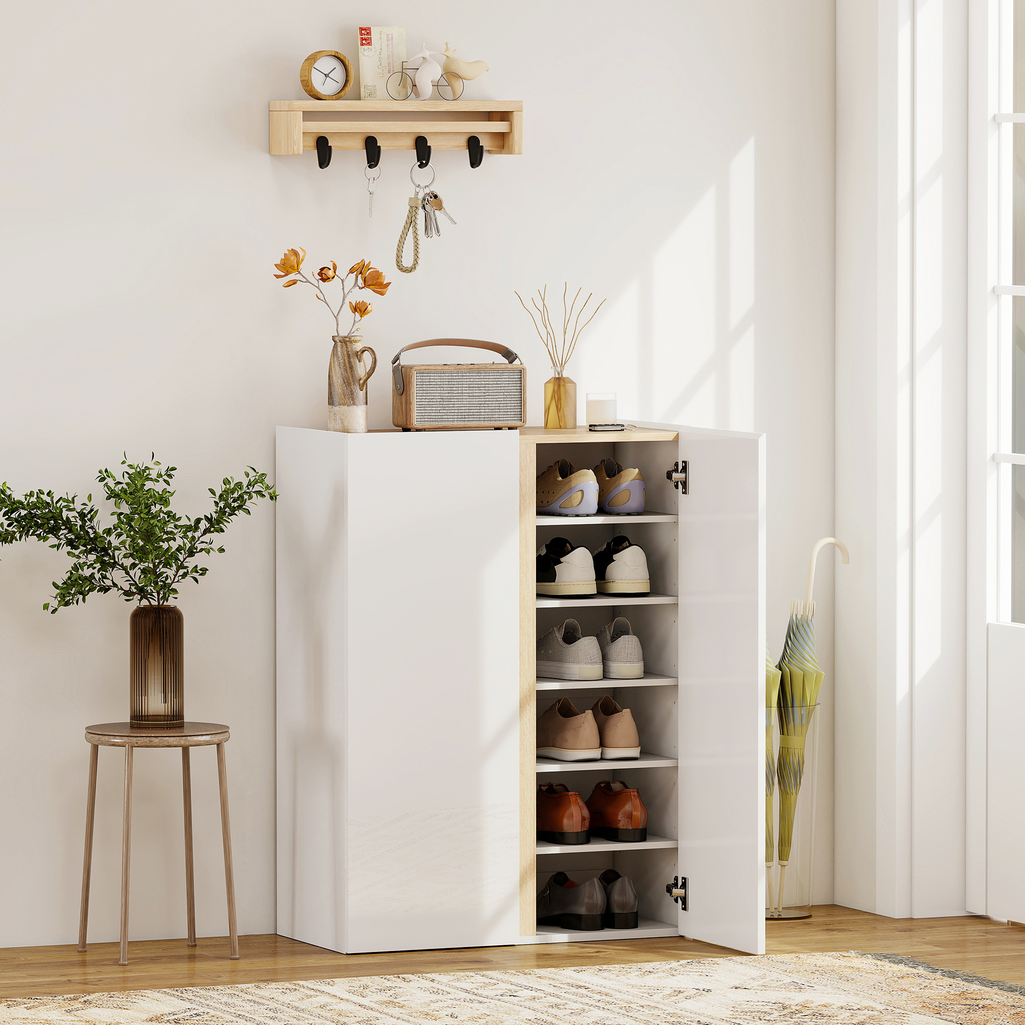 HOMCOM Schuhschrank mit Soft-Close-Funktion, 6-stufiges Design ohne Griffe, fasst bis zu 18 Paare, für Flur, Eingangsbereich, Holz, Weiß