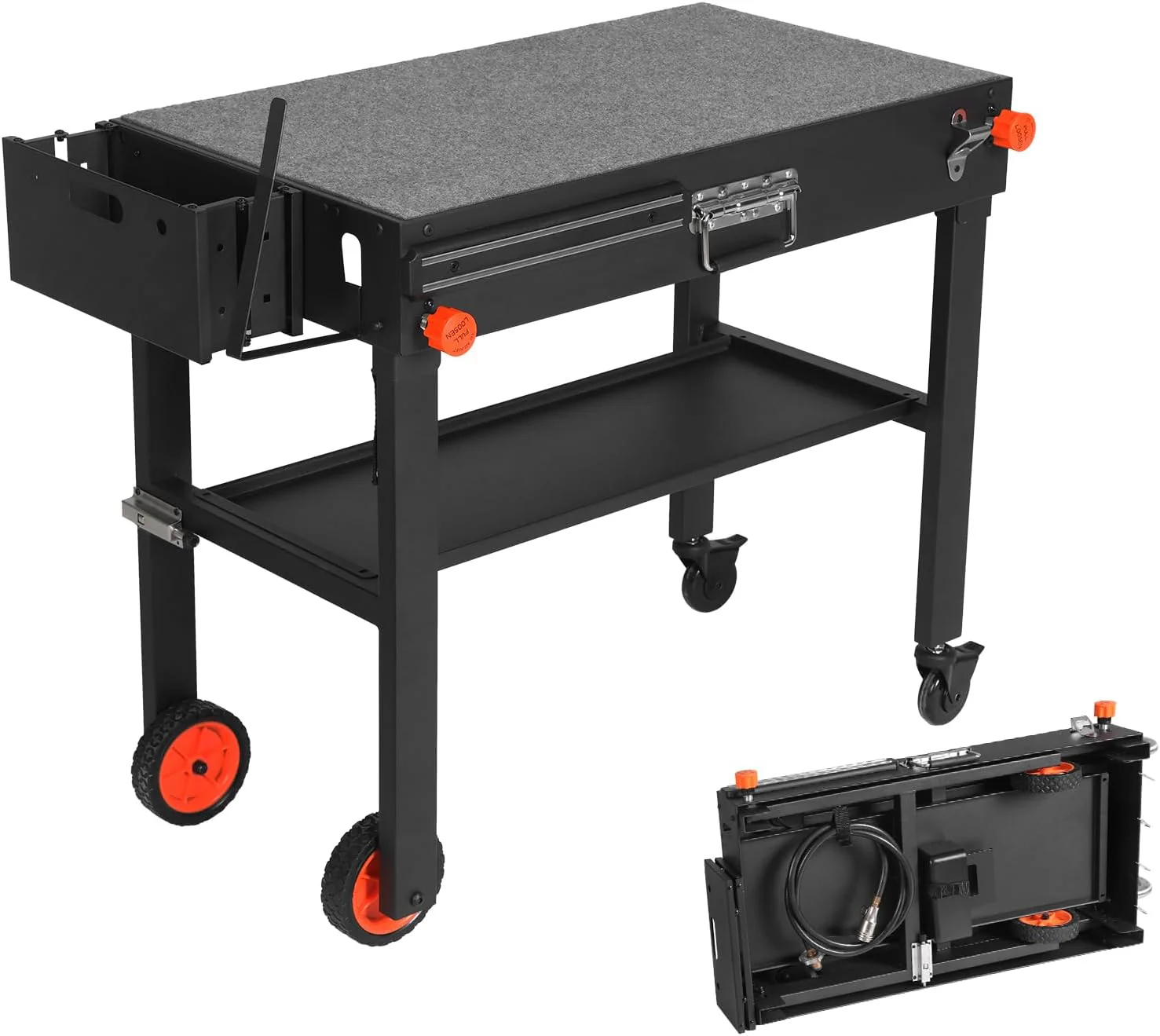 Portable Adjustable Grill Table with Stainless Steel Top &ndash; 3 Shelves, Magnetic Tool Holder, Bottle Opener