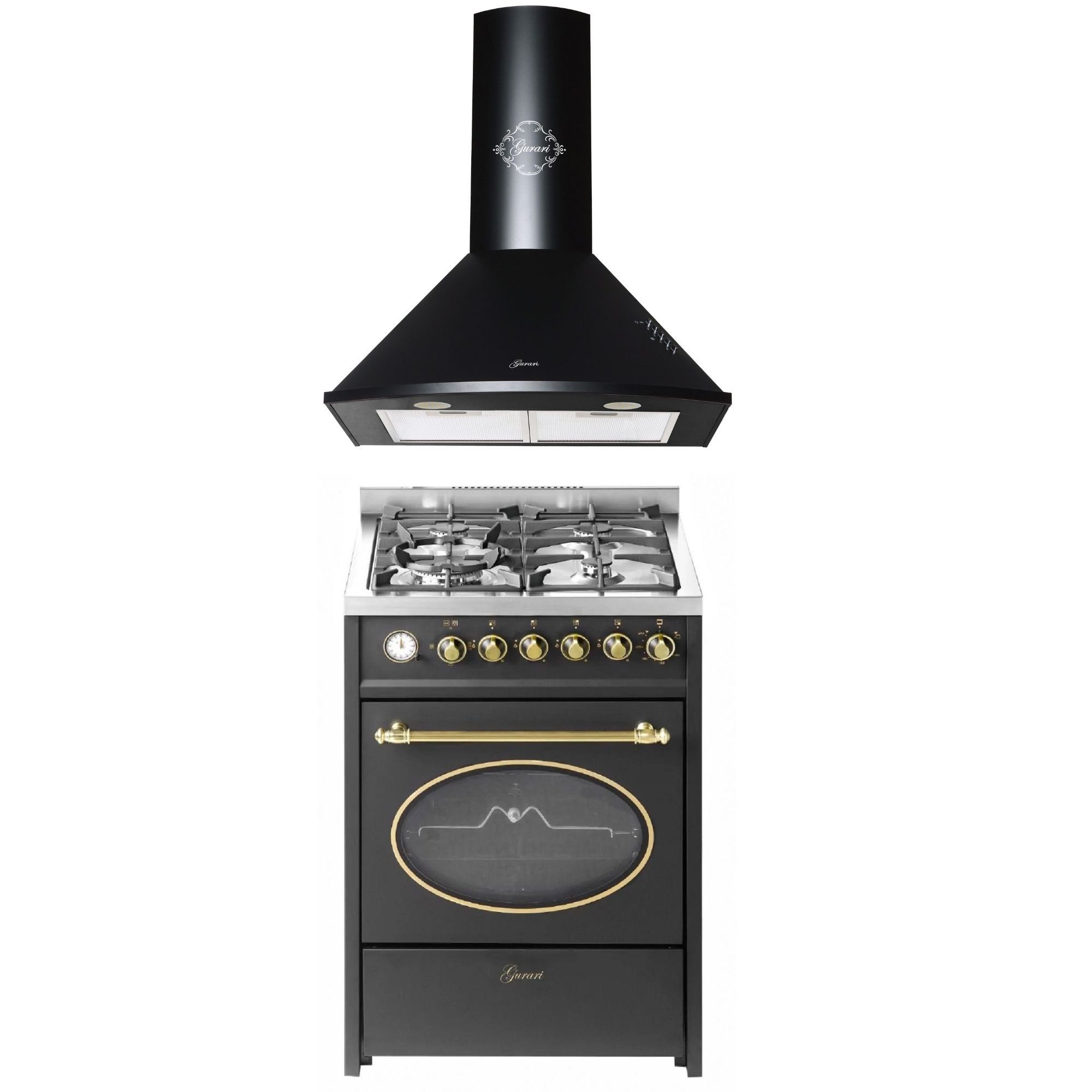 Gas-Standherd Gas Standherd / Range Coocker 60 cm in Schwarz mit Gasgrill+Dunstabzugshaube 60 cm,Schwarz, Saugstark 1000m³/h GCH G 614 BR+GCH C 046 BL 6 N