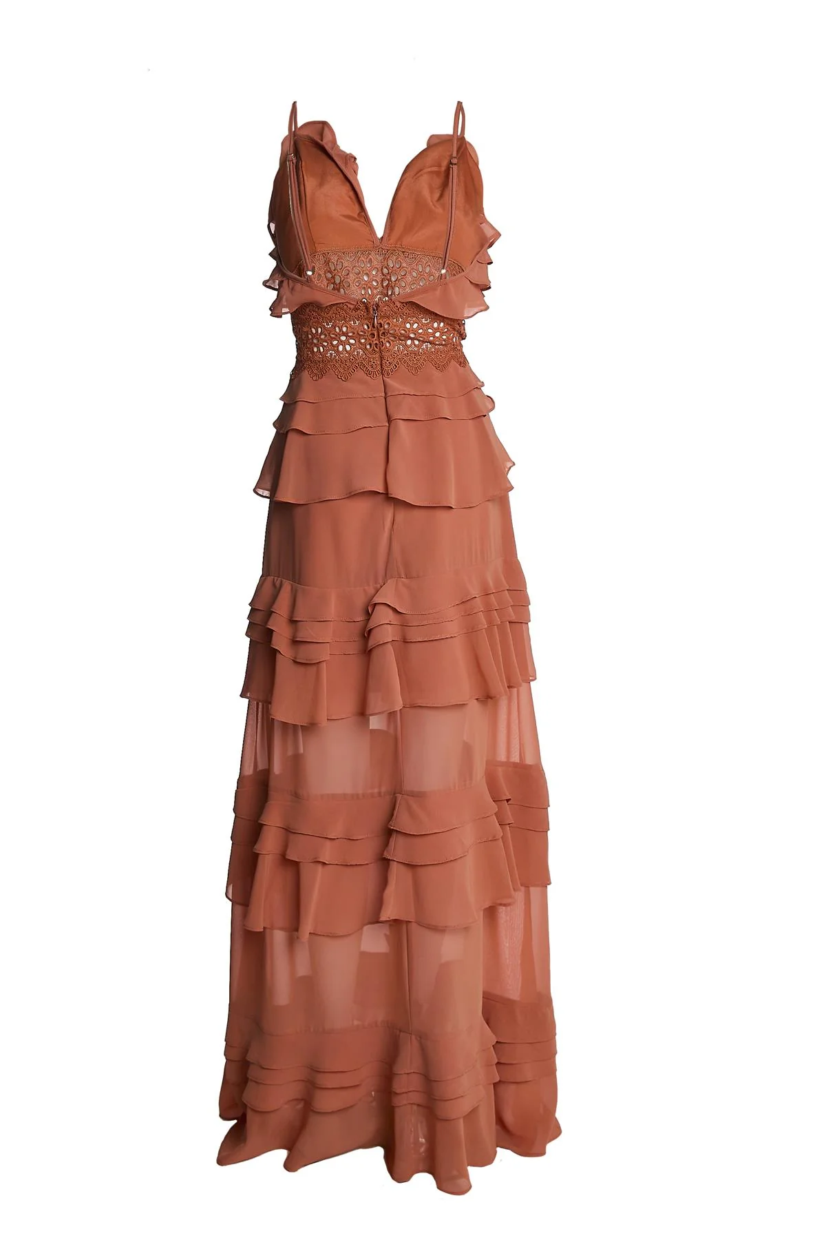Soft Rust Sophia Plunge Front Tiered Ruffle Maxi-Dress
