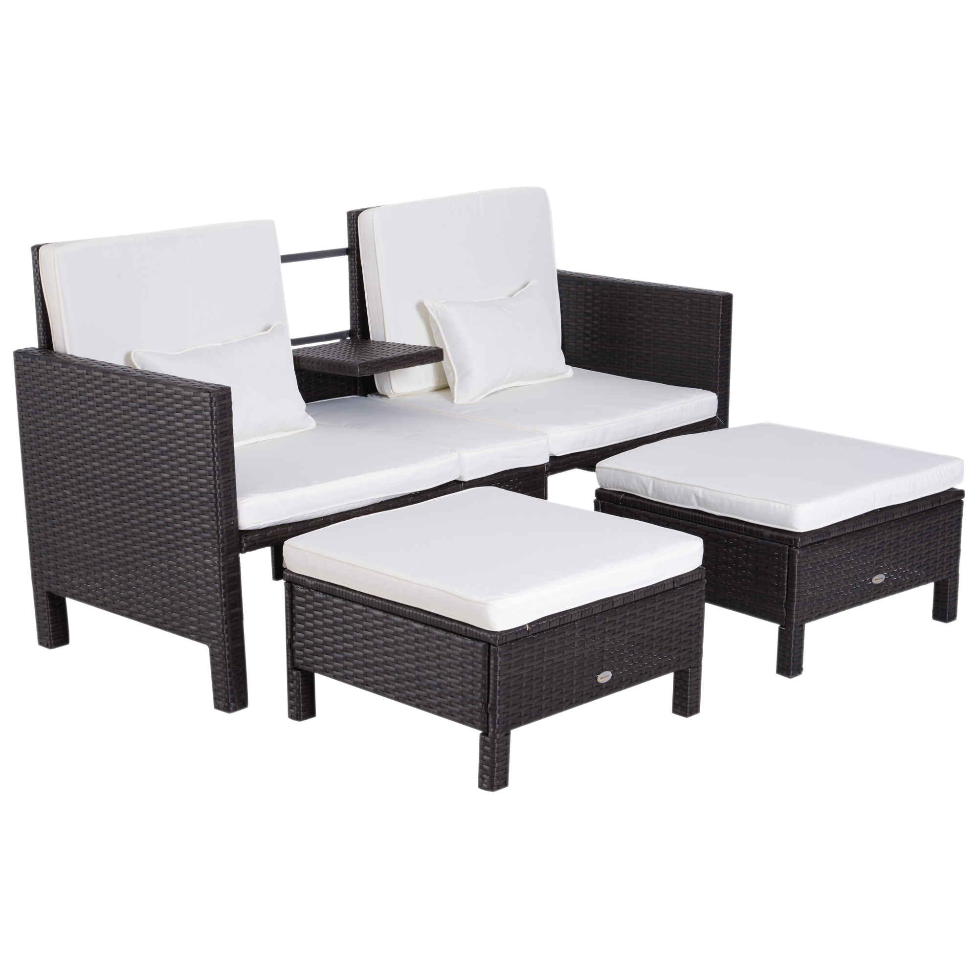 Outsunny 3-tlg. Gartensofa Gartenmöbel Lounge Gartenset Sitzgruppe Rattenmöbel Braun Polyrattan + Metall 2er-Sofa 2 x Hocker Kissen
