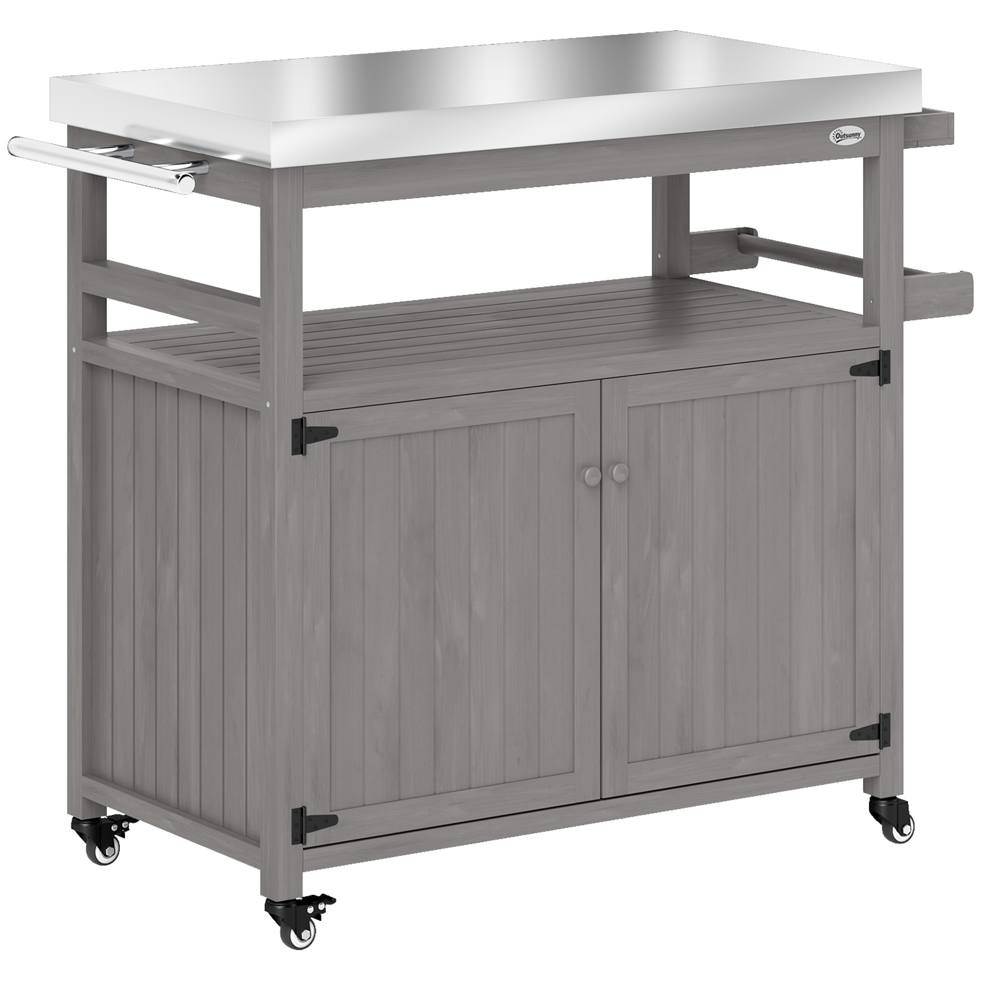 Outsunny Outdoor-Kücheninsel, Grillwagen mit Schrank und Regalen, Küchenwagen aus Holz und Edelstahl, mit Rollen, Grau