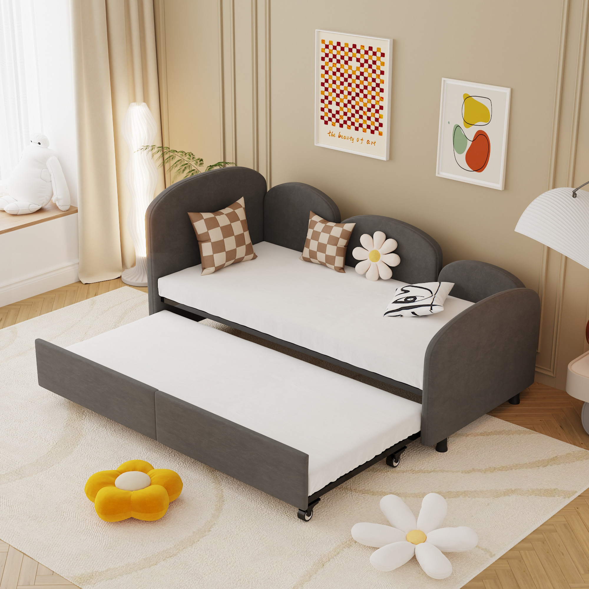 Sofa-Bett mit Schubladen und Samtbezug, Blumenform, 90x200 cm, für Schlafzimmer und Wohnzimmer, Dunkelgrau