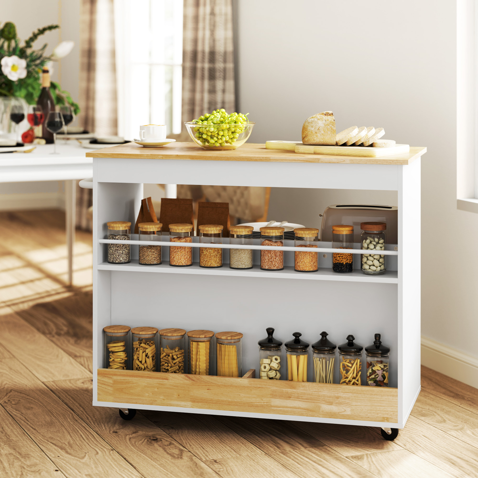 Keukentrolley, Rolbaar Keukeneiland, Keuken-Trolley met Vakken, Kast en Werkblad, Wit