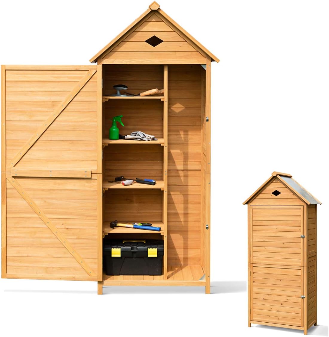 RELAX4LIFE Gerätehaus Garten, Gartenhaus aus Holz, Gartenschrank mit Satteldach, Geräteschrank wetterfest, Geräteschuppen mit Ablagen, Werkzeugschrank für den außenbereich, 177 x 80 x 45 cm