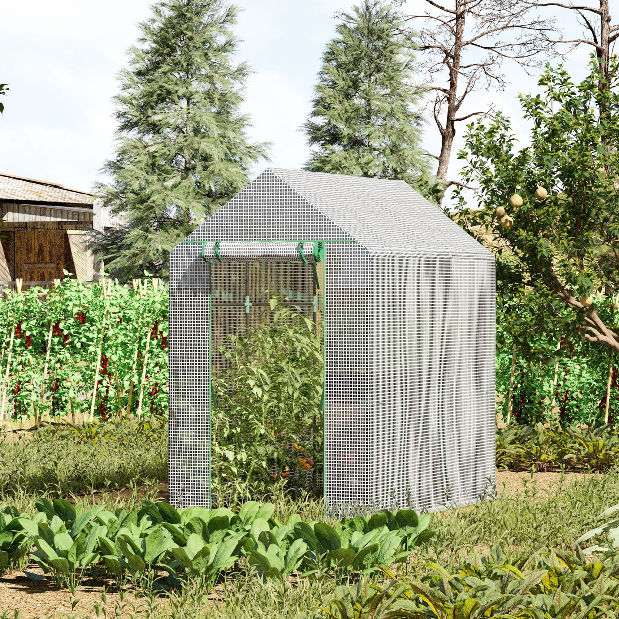 Outsunny Foliengewächshaus begehbares Gewächshaus mit 4 Regalebenen Tomatengewächshaus Treibhaus Frühbeet mit Tür Grün Stahl PE 120 x 186 x 190  cm