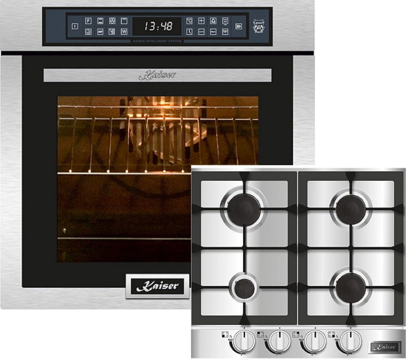 Backofen-Set Herd Set Einbau Elektrobackofen,Edelstahl,86 L 15 Fkt., LED-Display+Gaskochfeld 60 cm, Edelstahl Einbau Herd 3,8 kW WOK EH 6306 N R+KG 6357