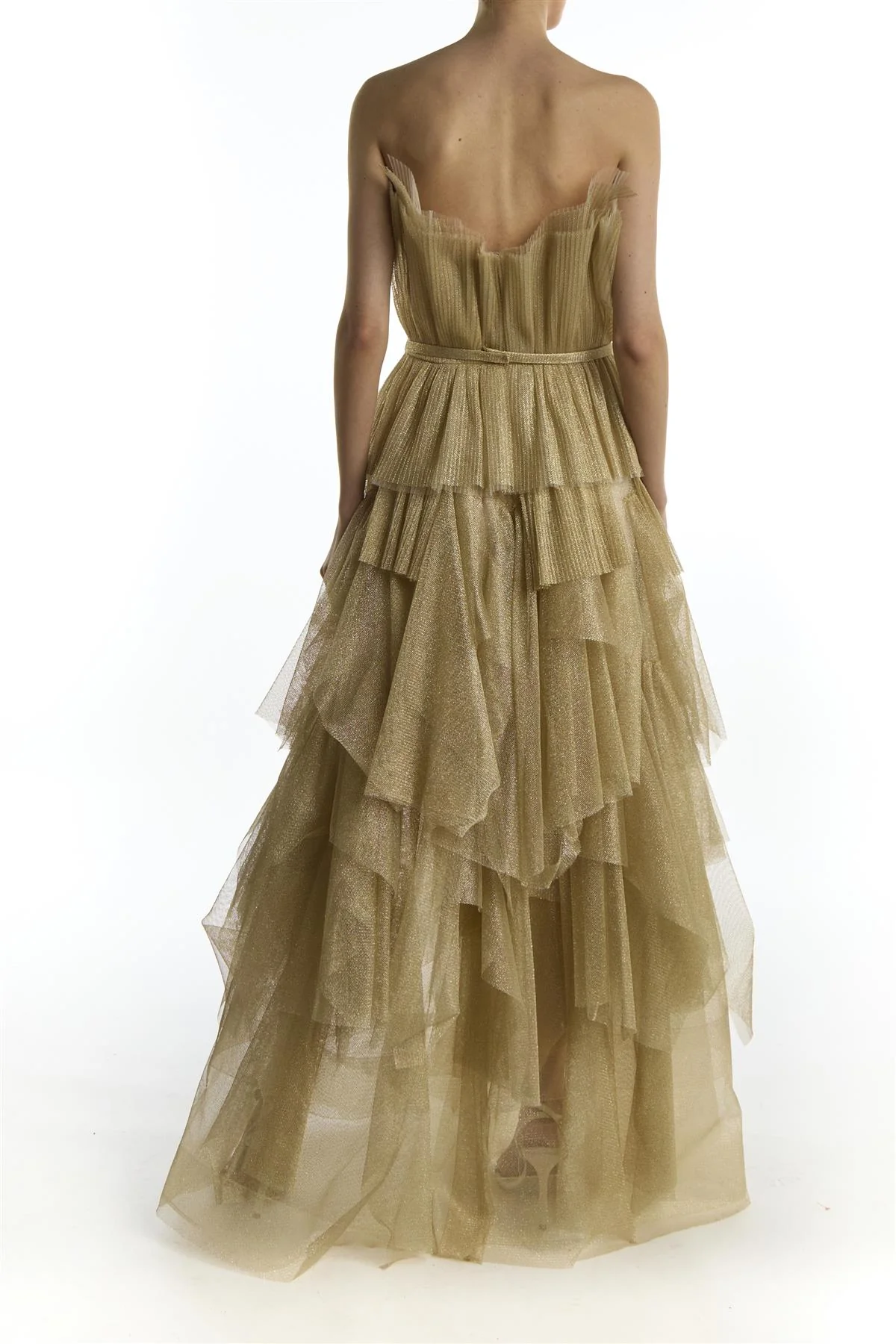 Gold Glitter Tiered Strapless Organza Cocktail Dress