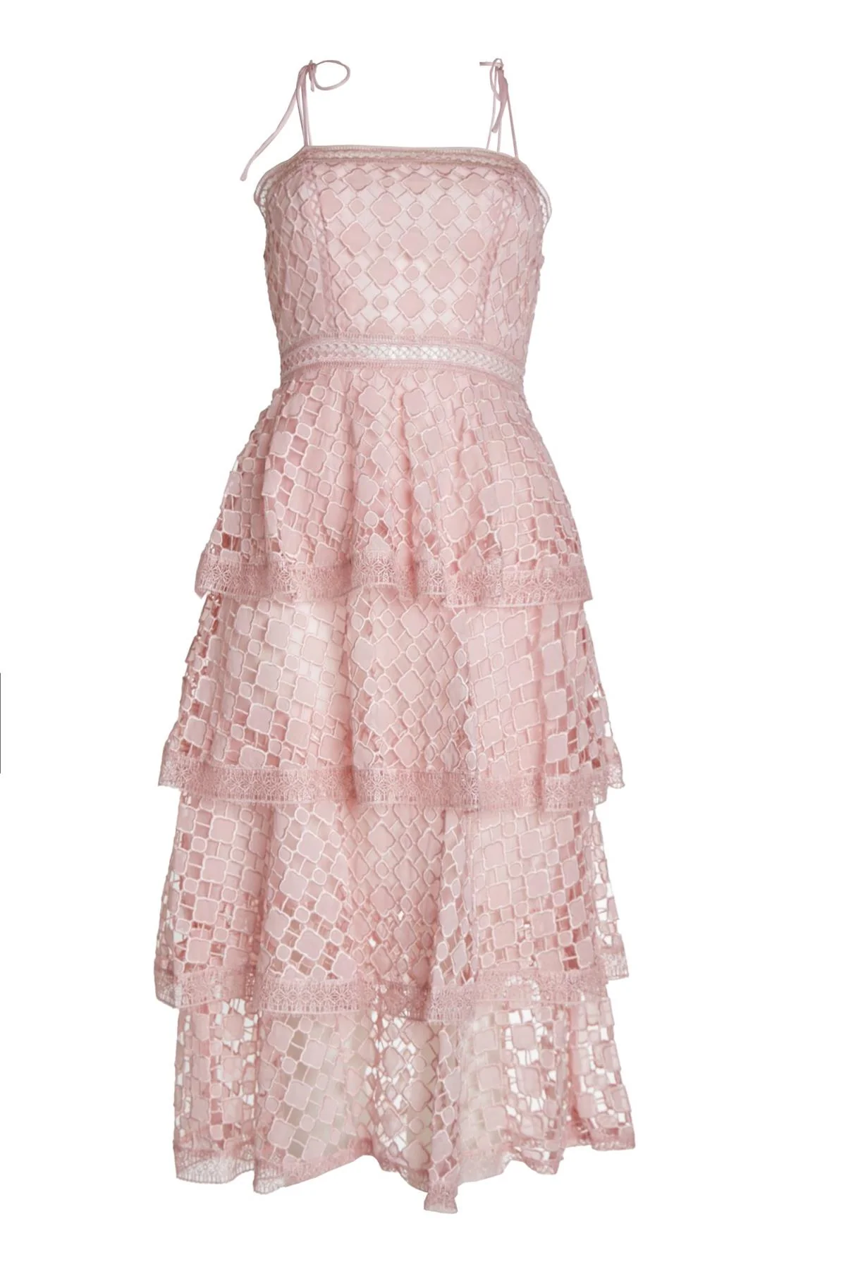 Bella Pink Organza Cutwork Strappy Tiered Midi Dress