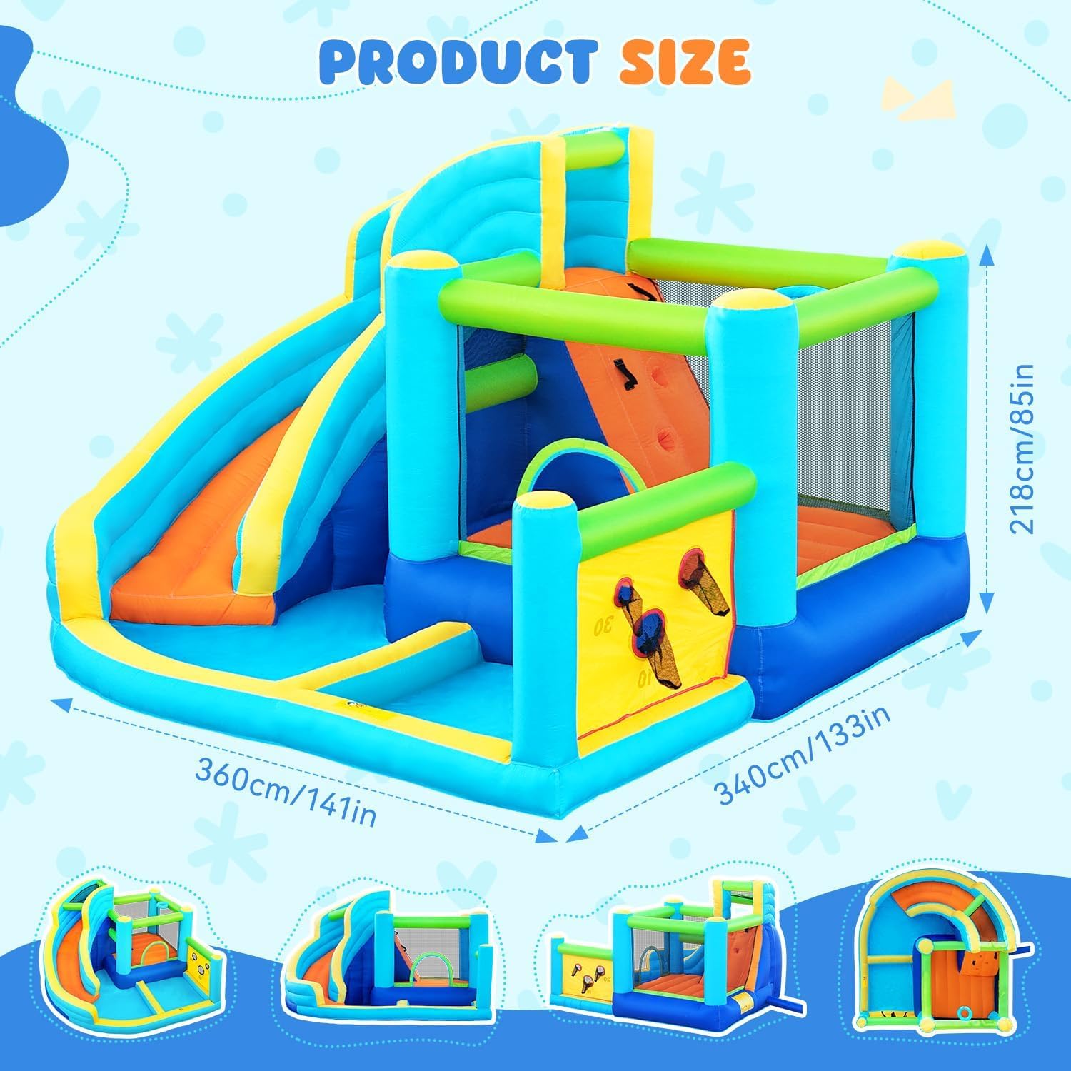 Castello Gonfiabile per Bambini Parco Acquatico con Scivolo Trampolino Piscina Parete da Arrampicata e Canestro da Basket Grande Castello Gonfiabile per Giardino Esterno Pu貌 Ospitare Fino a 5 Bambini