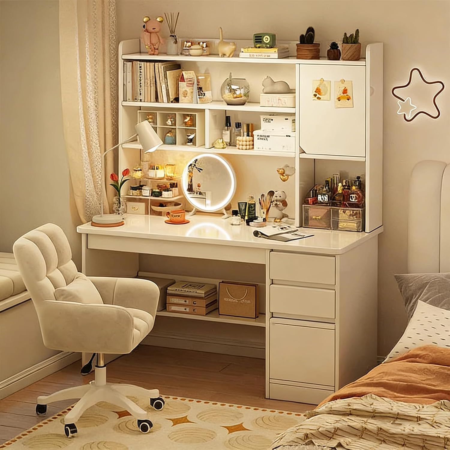 Moderna Scrivania in Legno con Cassetti，Scrivania da Lavoro con Cassettiera per casa e Ufficio con Ripiano Portaoggetti e Libreria per Computer in l(Size:120x45x165cm,Color:Bianco)