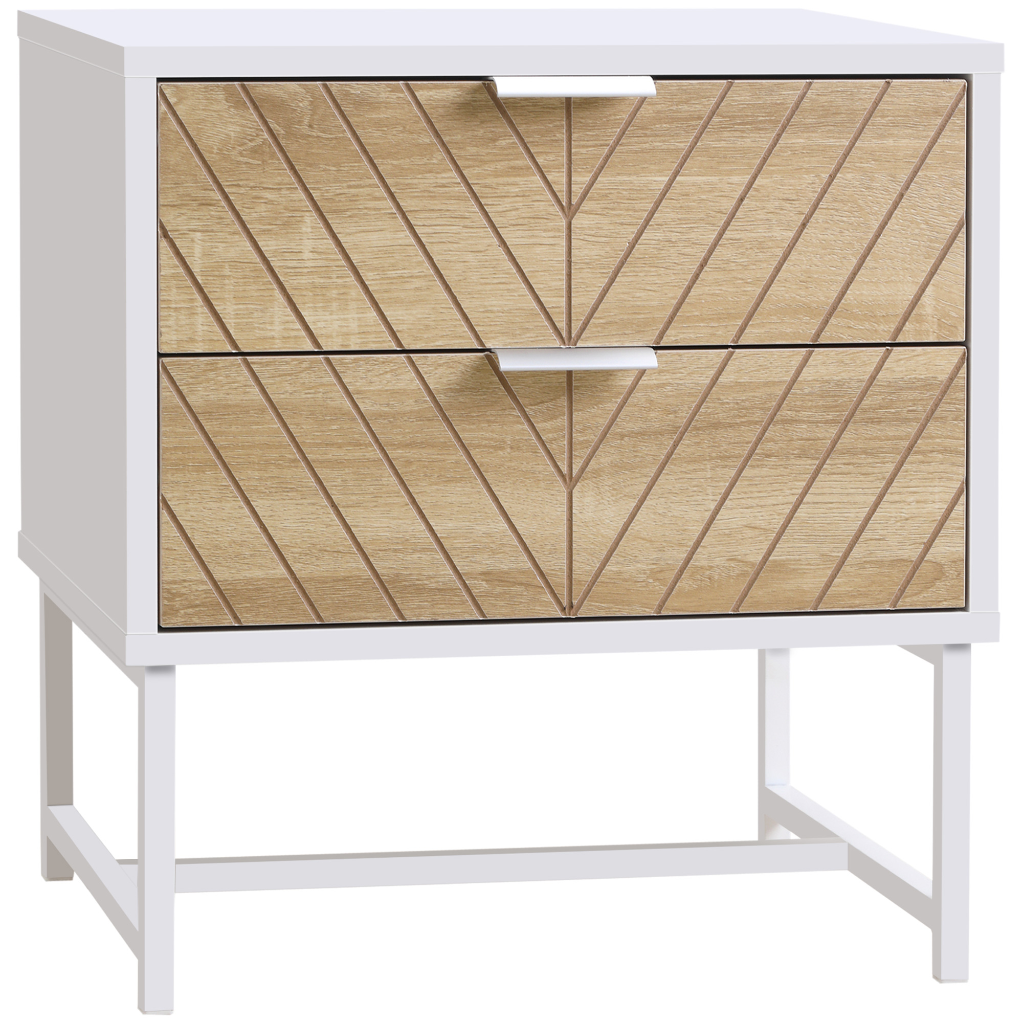 HOMCOM Nachttisch, Beistelltisch, mit Schubladen, Stahlrahmen, für Wohnzimmer Schlafzimmer, 45 x 39 x 48 cm, Weiß und Eiche