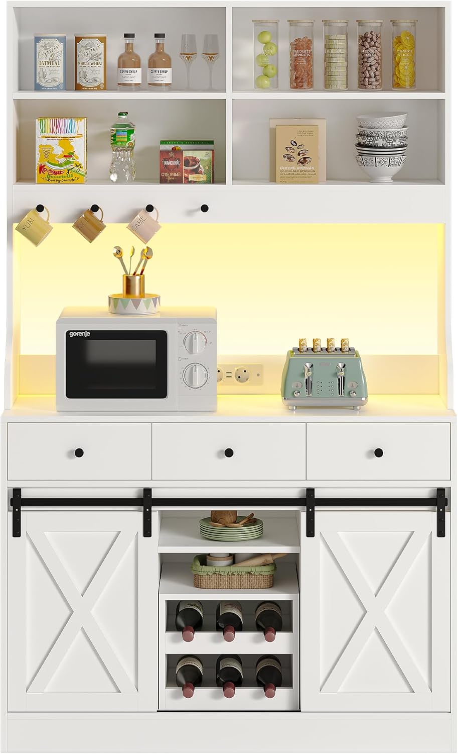 Credenza, Credenza Cucina con Illuminazione a LED, Presa Elettrica, Mobile Buffet, Scaffale Rimovibile, 3 Cassetti, Ripiani Regolabili, Grande Spazio, Cucina, Sala da Pranzo, 103.5*40*180 cm, Bianca