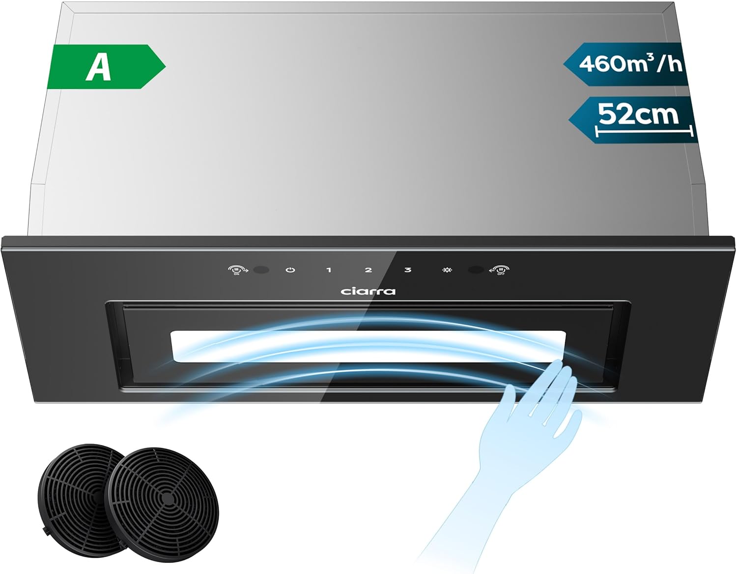 CIARRA CBCB5931B Cappa Aspirante Incasso 52cm Classe A- 460m³/h - 3 Velocità - Doppia Modalità -Controllo Gestuale-Facile Installazione-Con Carbone Attivo CBCF055 - Acciaio Inox Nero