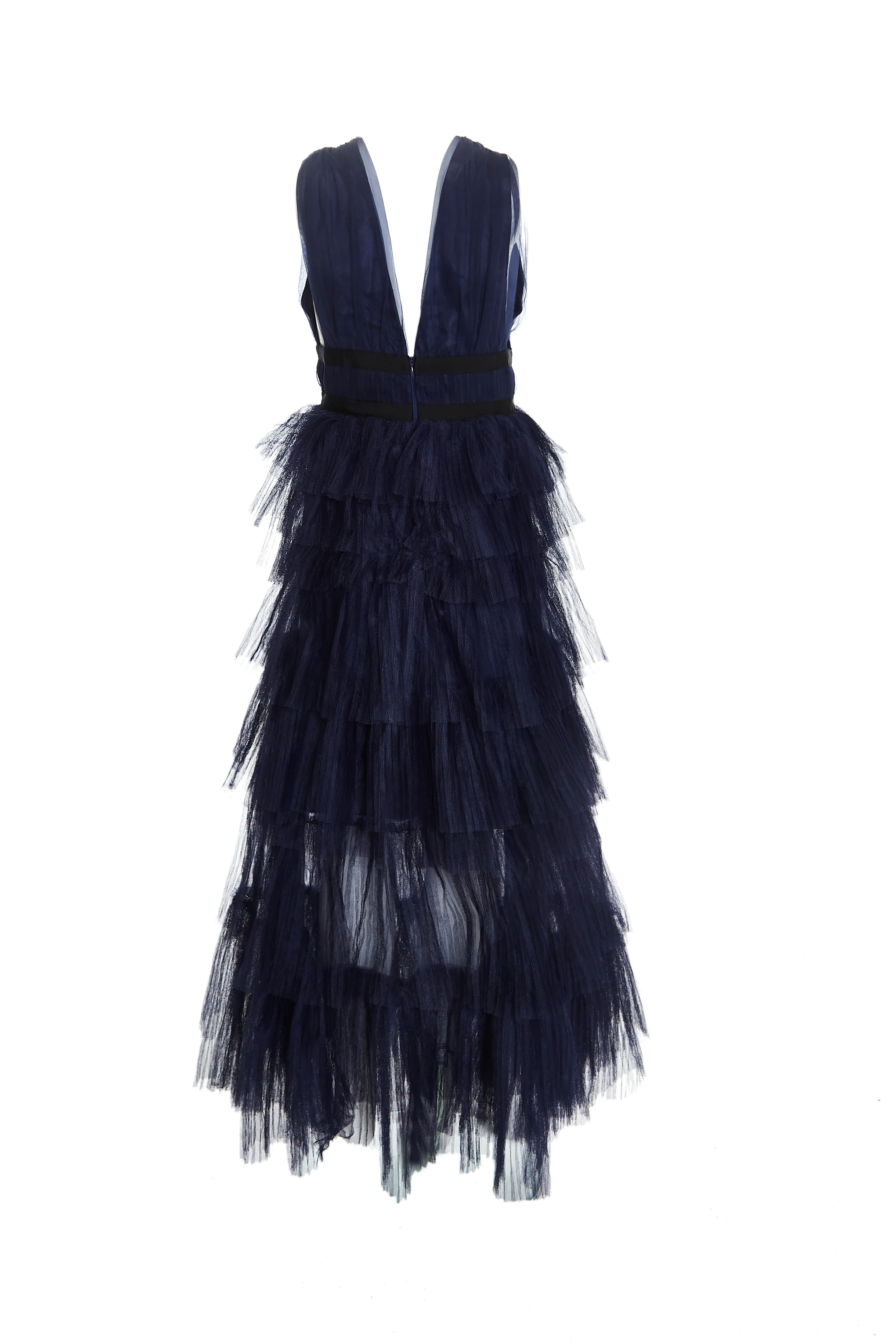 Eliza Navy Plunging Neck Layered Tulle Skirt Maxi-Dress
