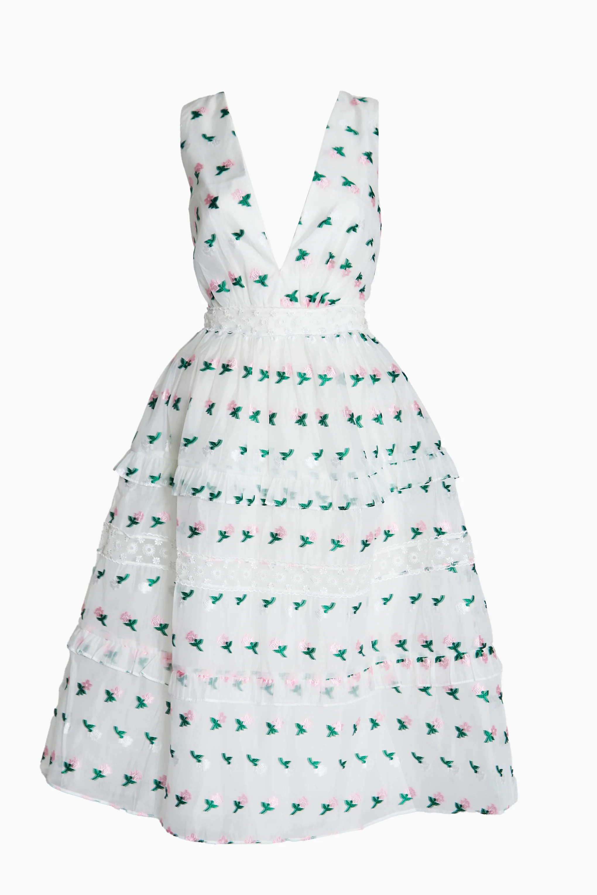 Zoey White Pink Floral Organza Plunge Neck Tiered Skater Midi Dress