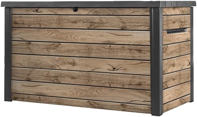 Keter Ontario Auflagenbox/Kissenbox 870 Liter | 100% Wasserdicht mit Belüftung dadurch kein übler Geruch/Schimmel Moderne Holzoptik | Deckel mit Gasdruckfedern