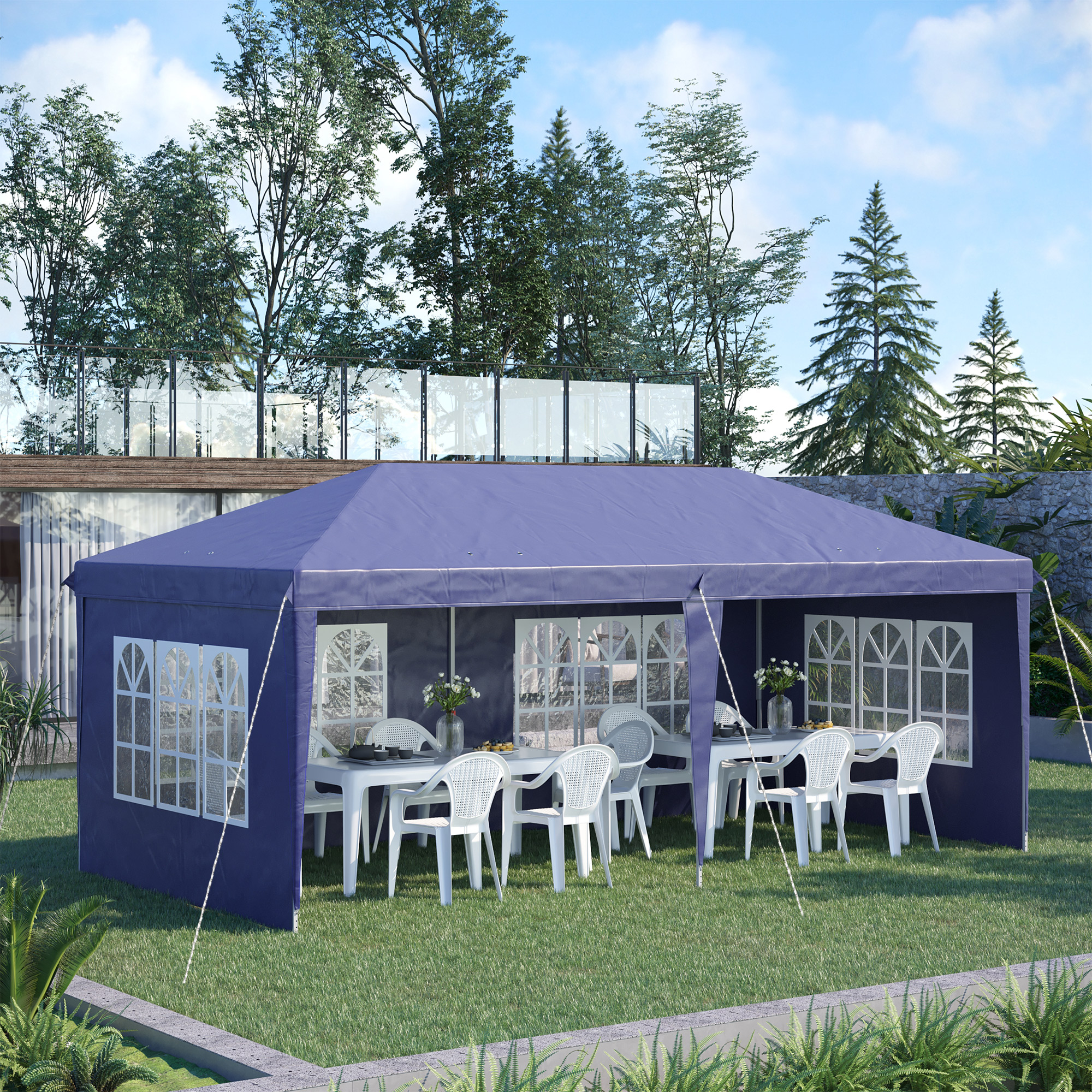 Opklapbare tuinpaviljoen van 6 x 3 m, halfopen, verwijderbare zijwanden, grote ramen, draagtas, stalen frame, blauw